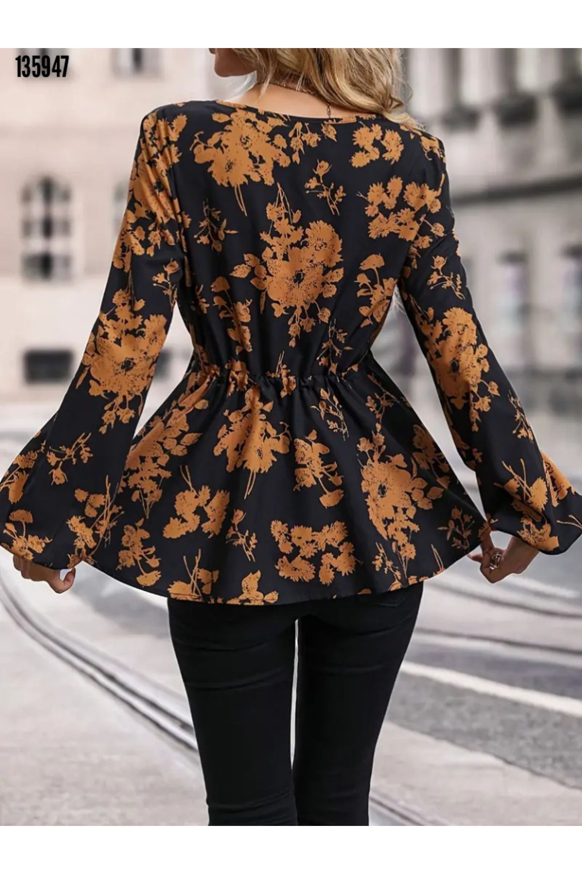 Modayakamoz-Women's Floral Print Stylish Blouse with Lacing Detail on the Waist 3