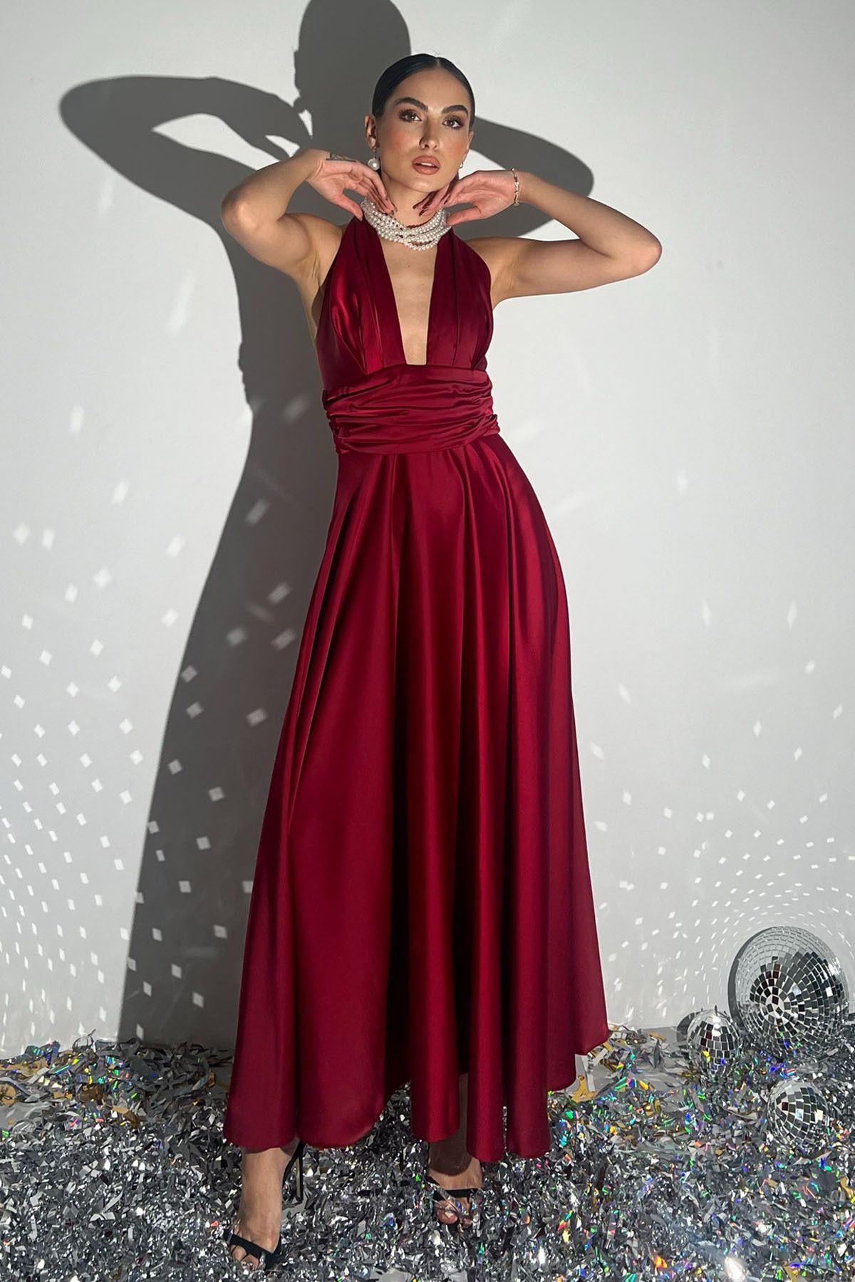 Seda Yalçın Atelier-Burgundy Puglia Design Back Detail Satin Dress 2