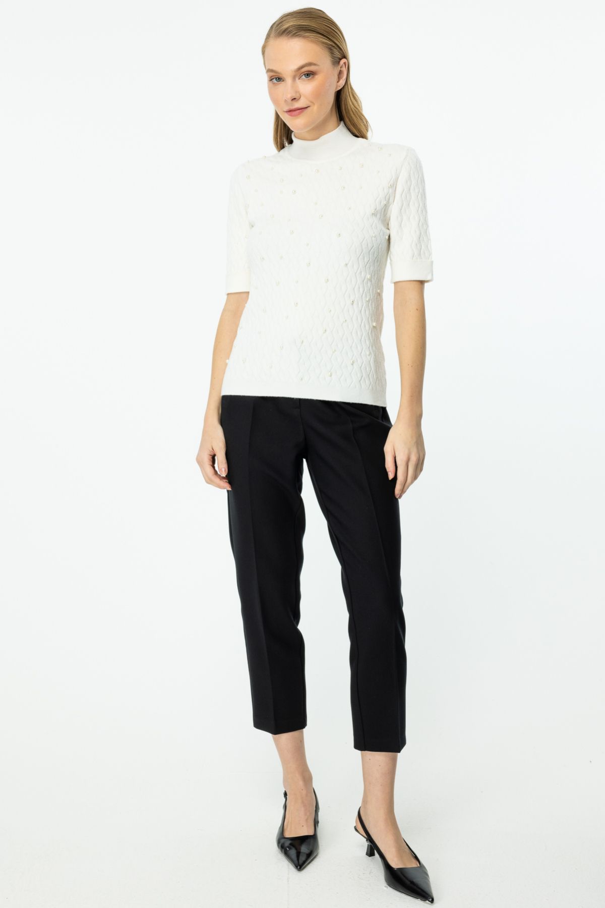 ON-Stand Collar Bead Detailed Sweater 3