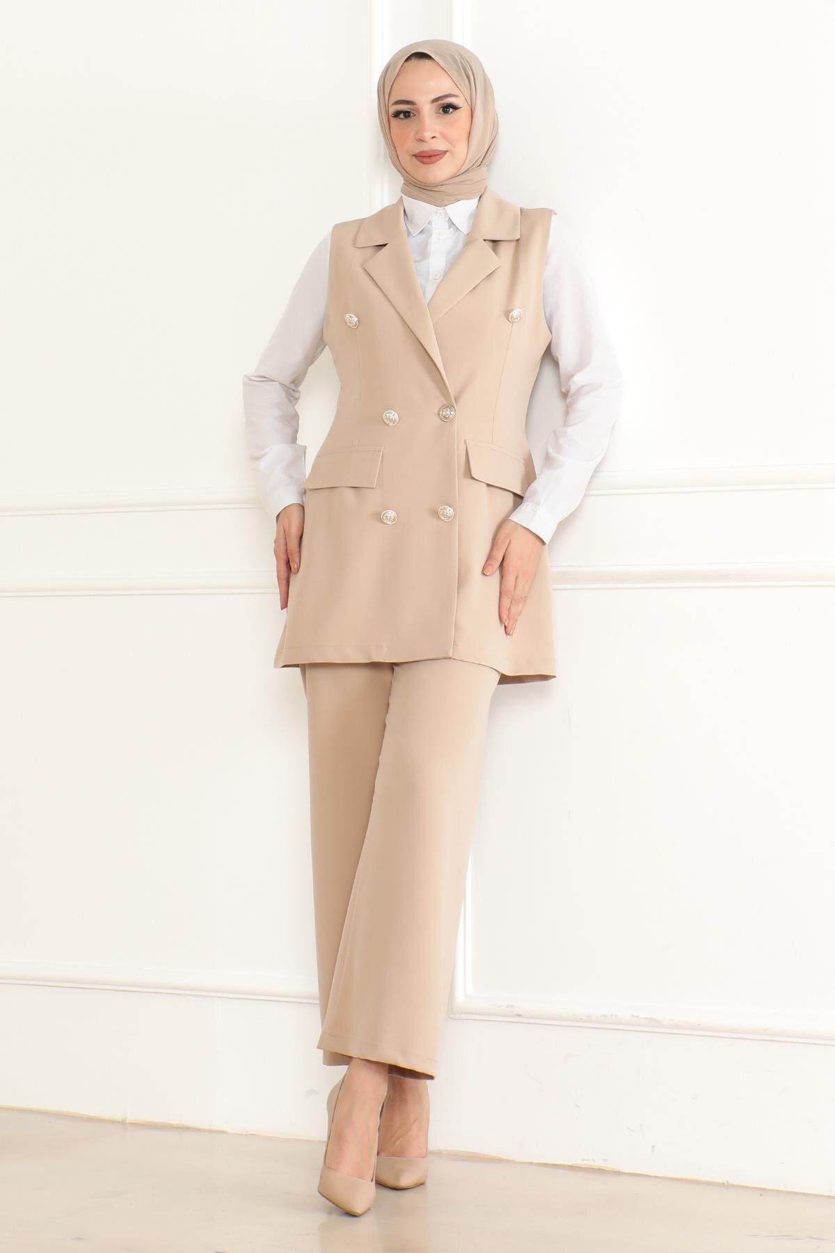 Modamihram-Beige Double Set - Button Detail, Model 19231 3