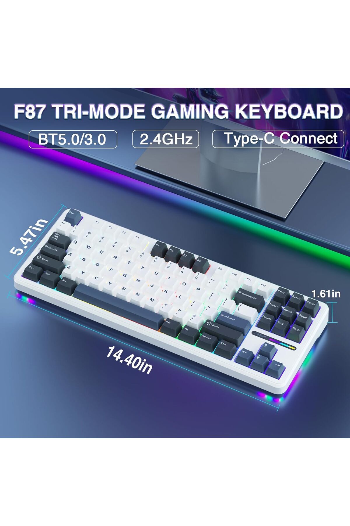 Aula-F87 80% Tri-Mode RGB Wireless Mechanical Gaming Keyboard, Greenwood V3 Switches TKL Hot Swappable 2