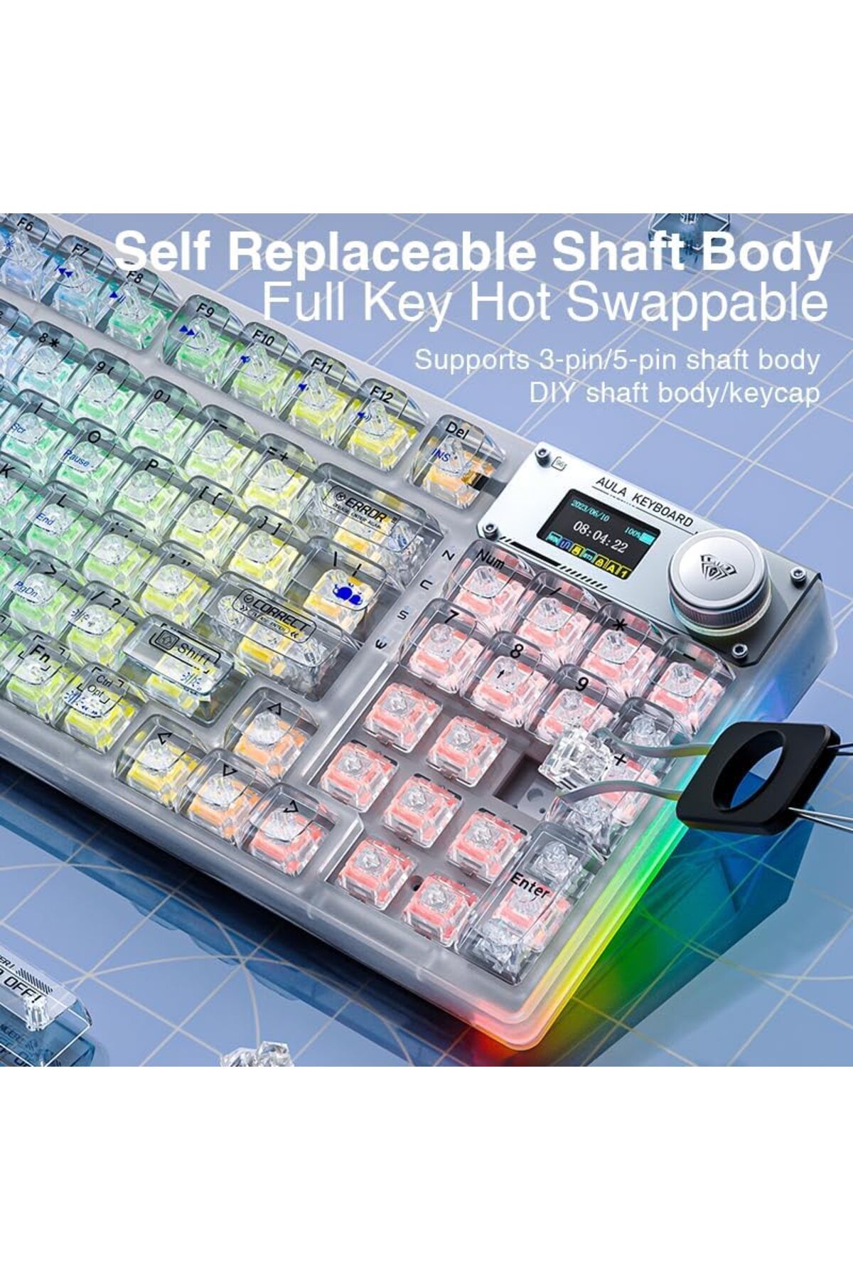 Aula-F98 PRO 95% Tri-Mode RGB Wireless Mechanical Gaming Keyboard, Crystal Switches with OLED Screen 5