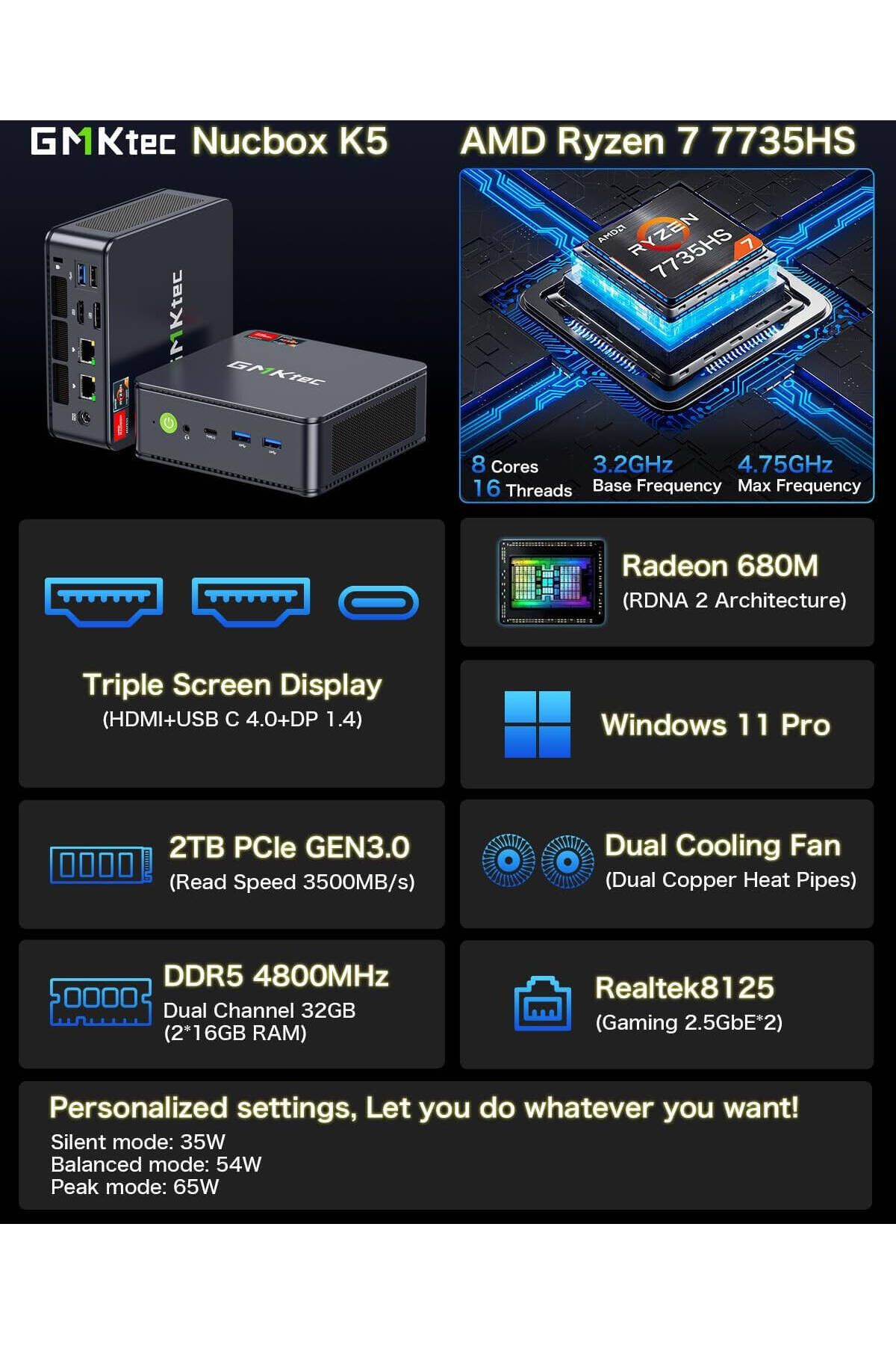 GMKtec-NucBox K5 Desktop Ultracompact Mini PC Gaming, AMD Ryzen 7 Windows 11 Pro 32GB DDR5 RAM 1TB SSD 3