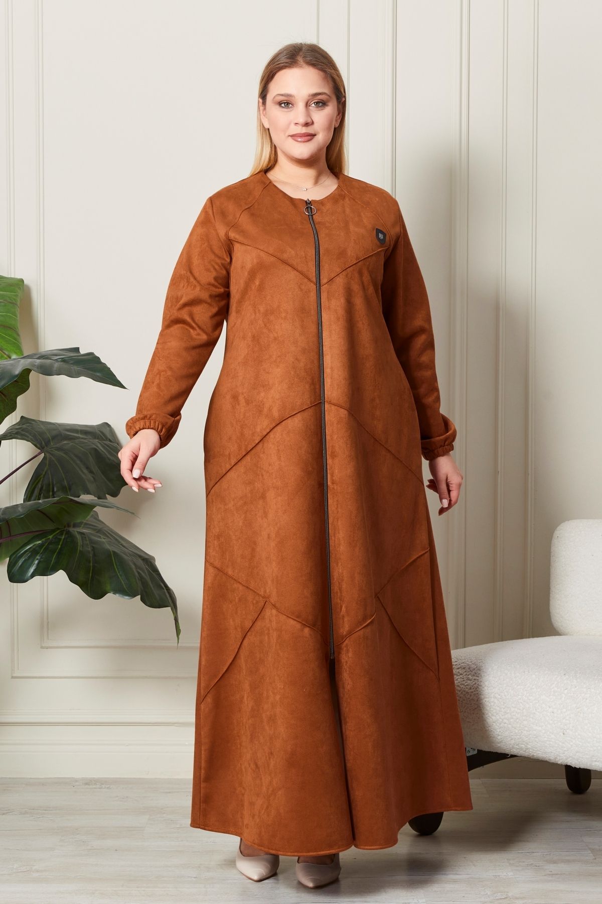 Ferace-Large Size Diamond Patterned Full Length Long Suede Top Coat 4