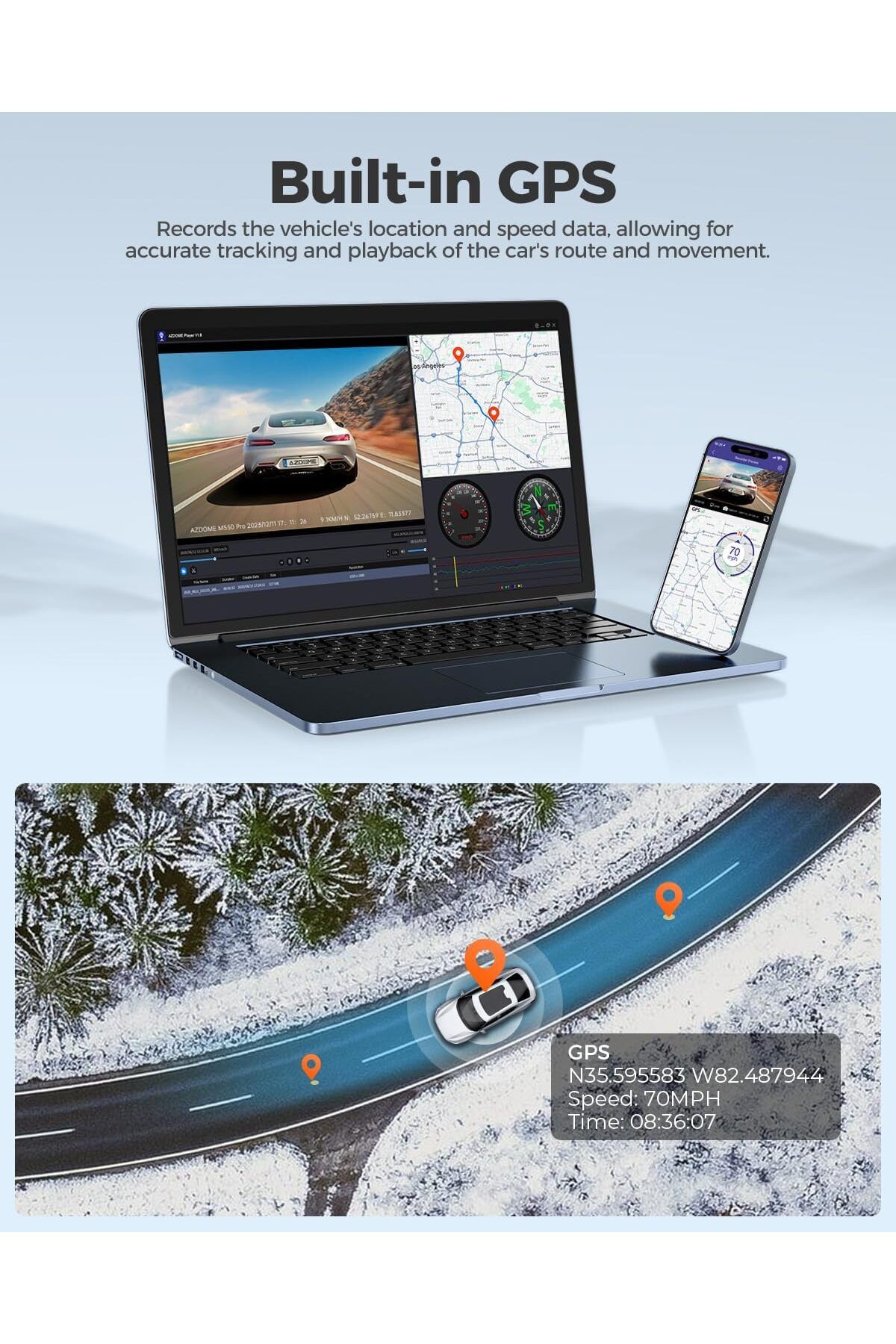 AZDOME-4K Front+ Rear Dash Cam M300S with WiFi, Dash Cam Front and Rear GPS 64GB SD Card included 4