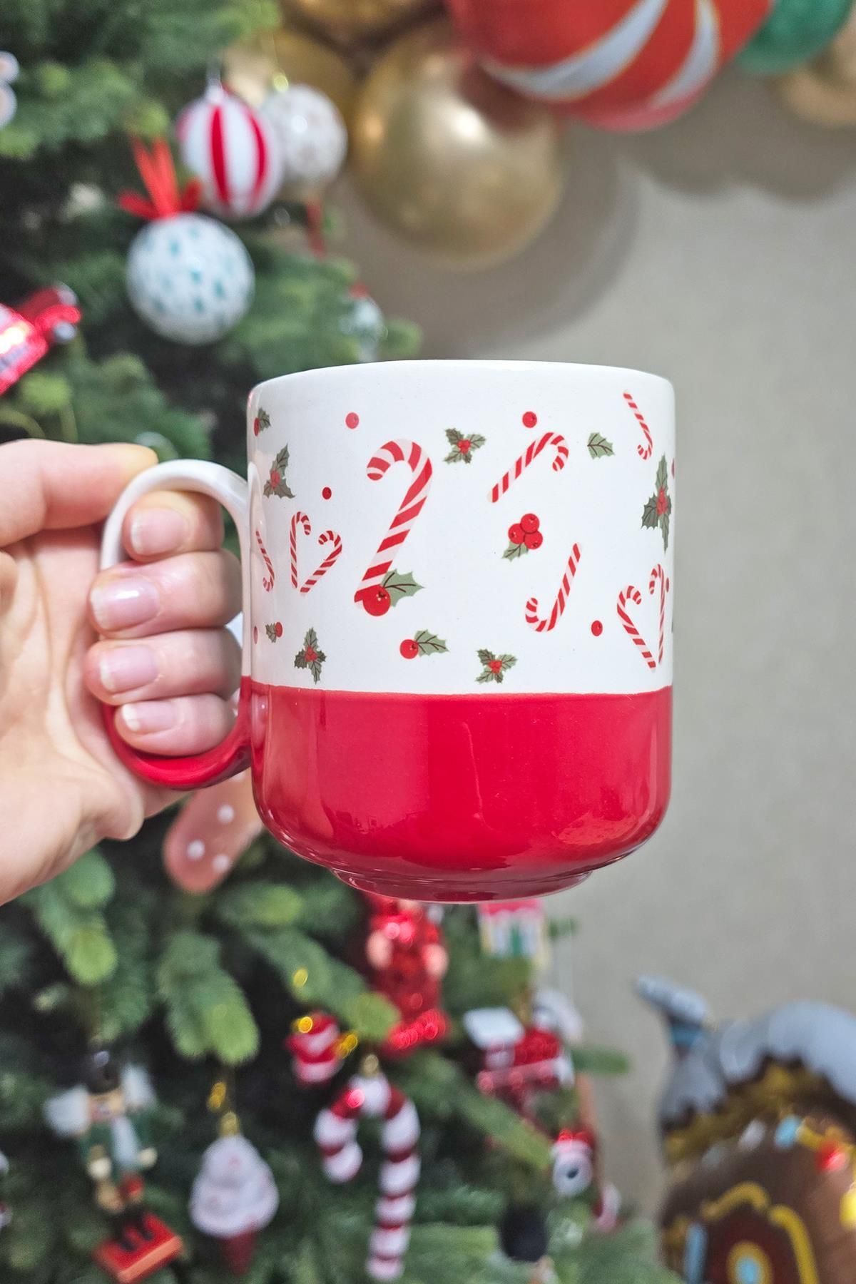 PEKSHOP-Christmas Cup Red Candy Cane Patterned Cane Candy Figure Mug Cup 1