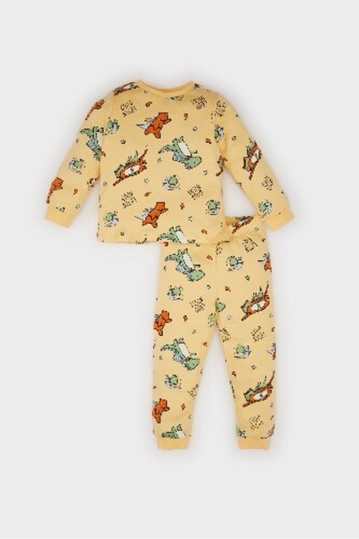 DeFacto-Baby-Pyjama-Set für Jungen – Rundhalsausschnitt, Dinosaurier-Aufdruck, lange Ärmel, elastische Taille, langer Boden D7143A 1