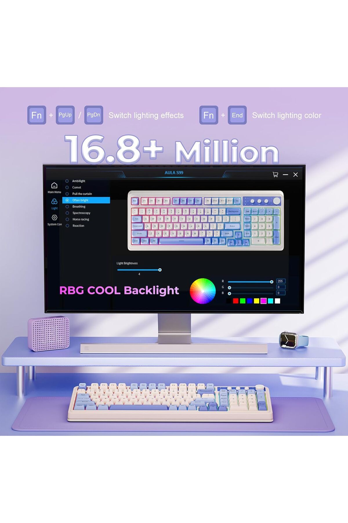 Aula-لوحة مفاتيح S99 ثلاثية الأوضاع مع مقبض وسائط غشائية قابلة للبرمجة للكمبيوتر RGB لوحة مفاتيح ألعاب كريمية لاسلكية 3