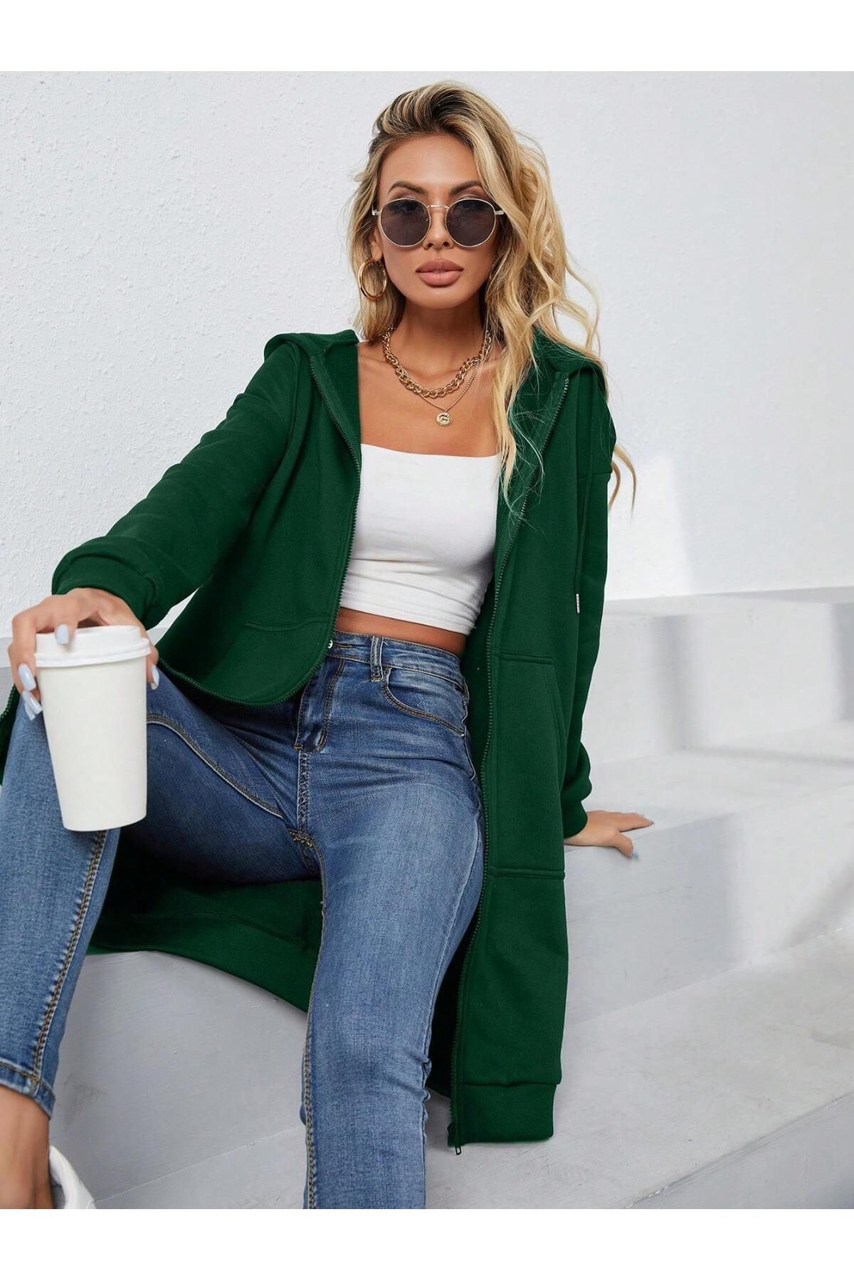 NoVibe Kadın Oversize Kapüşonlu Cepli Fermuarlı Hırka / Tunik