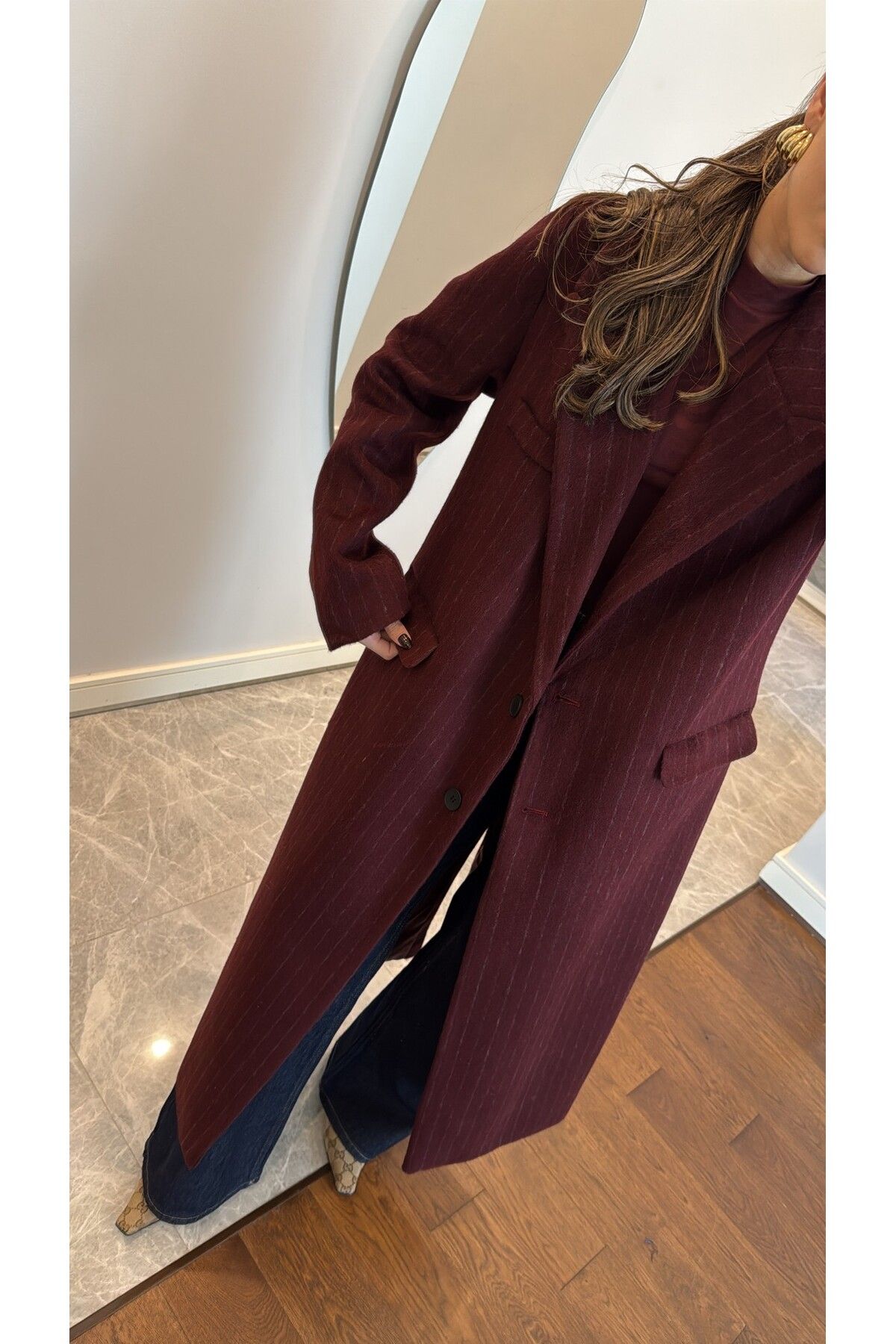 sinemkivanc co-Brand Model Striped Plum Coat 2