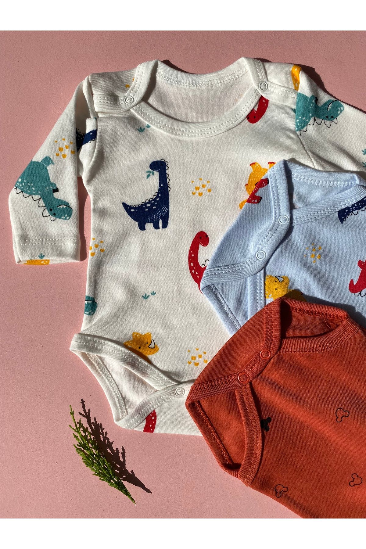 LEYNA BUTİK-Set of 3 100% Cotton Long Sleeve Crew Neck Kids & Baby Bodysuit 1