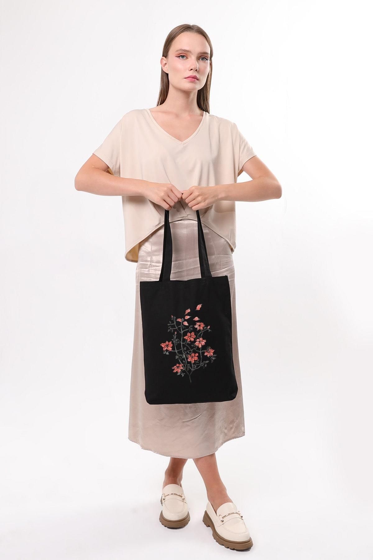 Çınar Bez Çanta-Black Canvas We Heart It Printed Bag 4