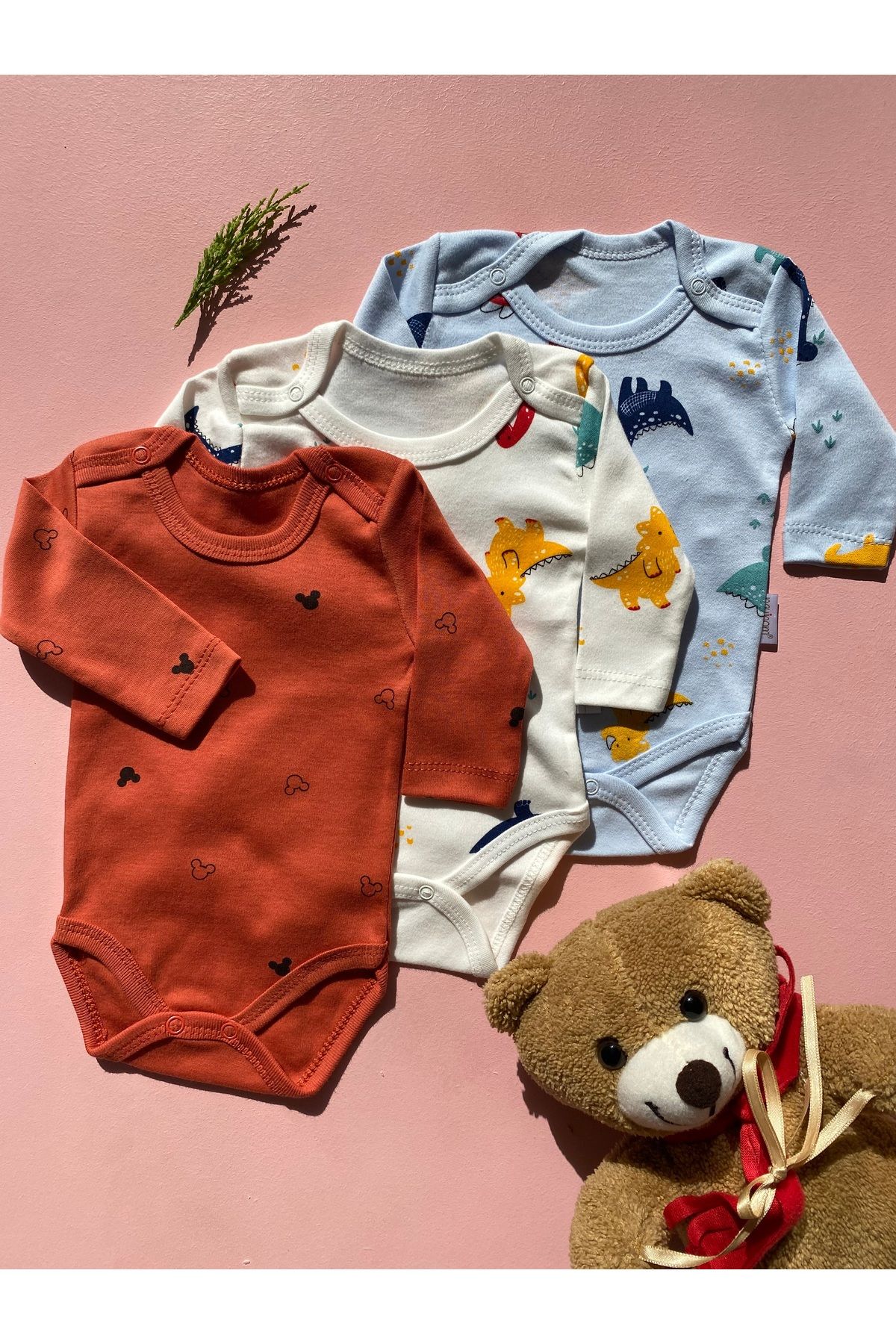 LEYNA BUTİK-Set of 3 100% Cotton Long Sleeve Crew Neck Kids & Baby Bodysuit 2