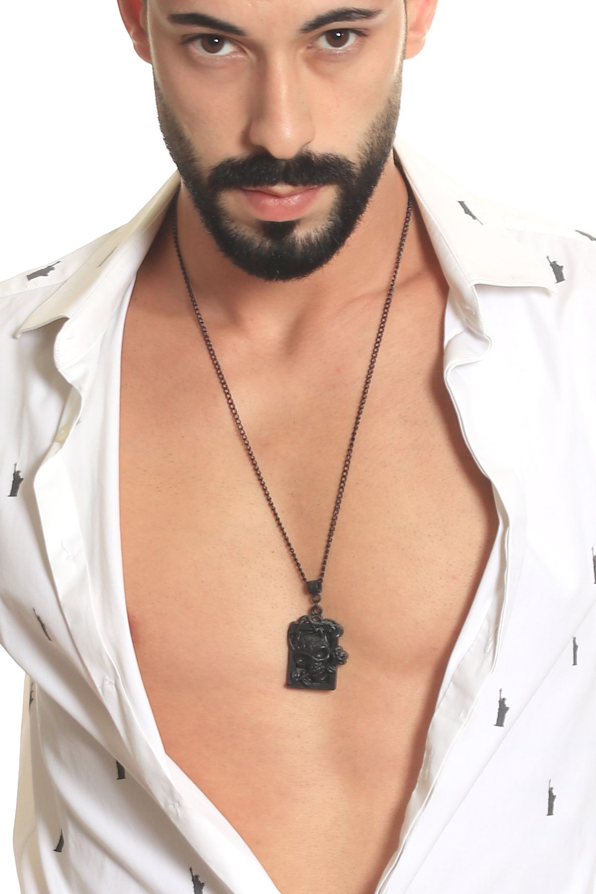 LABALABA-Men's Black Oxide Plated Gothic Skull Icon Necklace 4