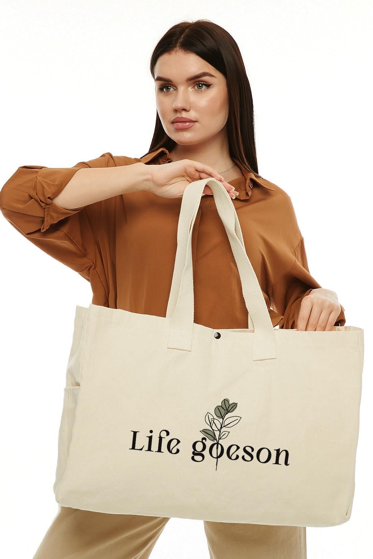 Çınar Bez Çanta-Life Goeson Printed Canvas Bag - Large Size 5