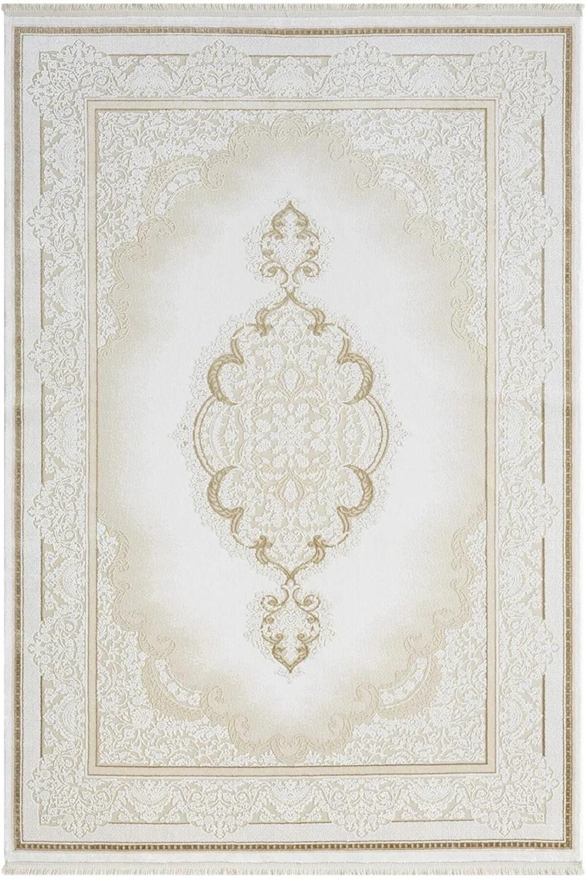 DORRY HOME Elegance Beyaz Halı Gold Detaylı Göbekli Modern Viskon Doğal Iplik Bambu Halı Tozu Az 6 Metre