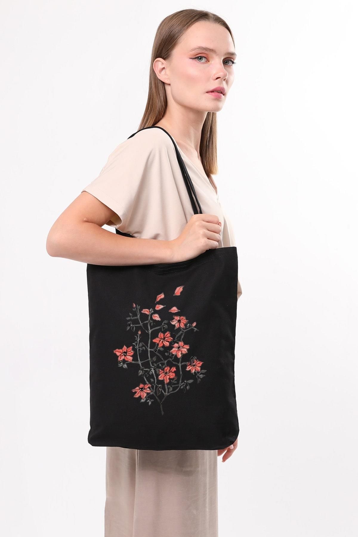 Çınar Bez Çanta-Black Canvas We Heart It Printed Bag 6