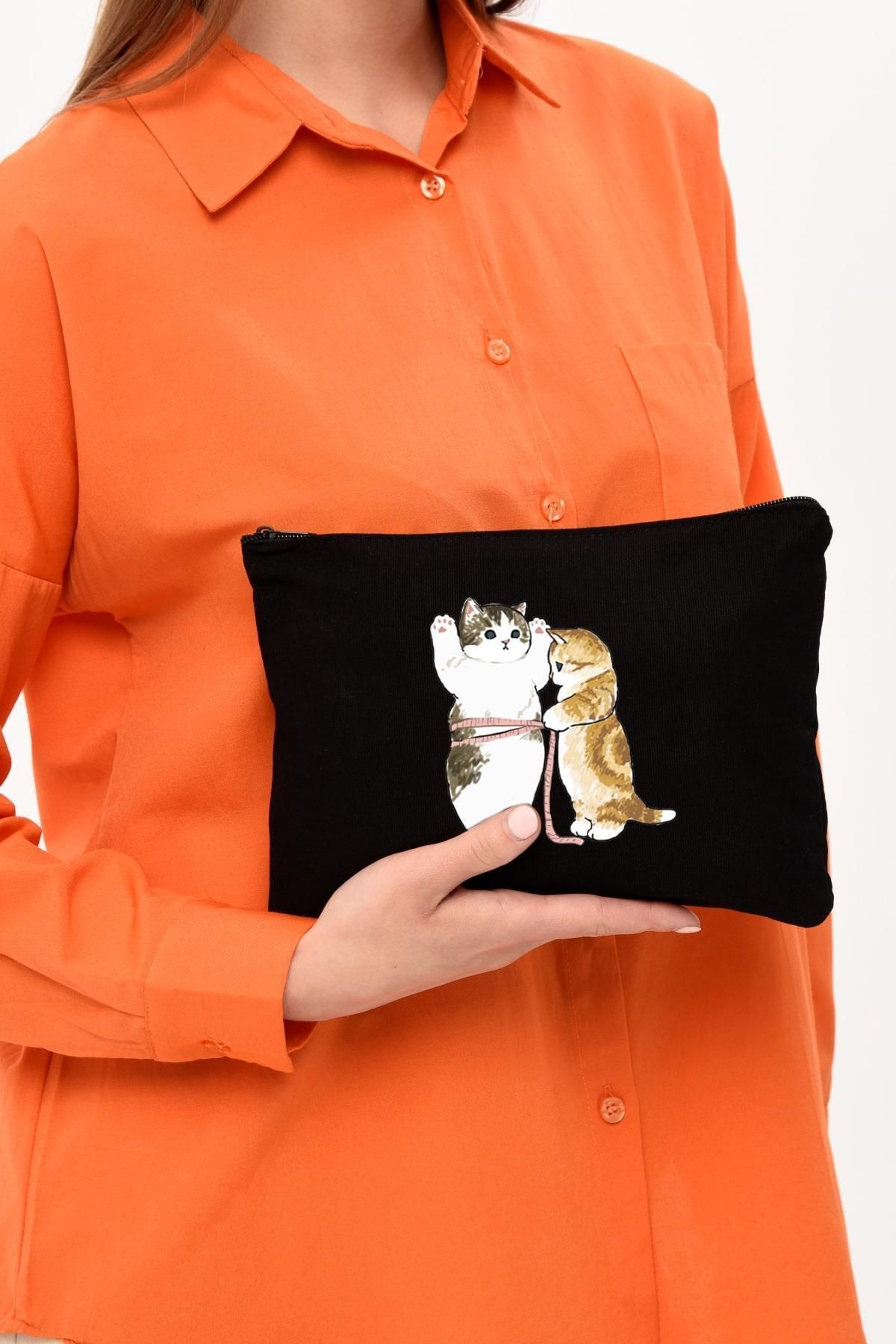 Çınar Bez Çanta Clutch Cats Size Siyah Kanvas Makyaj Çantası