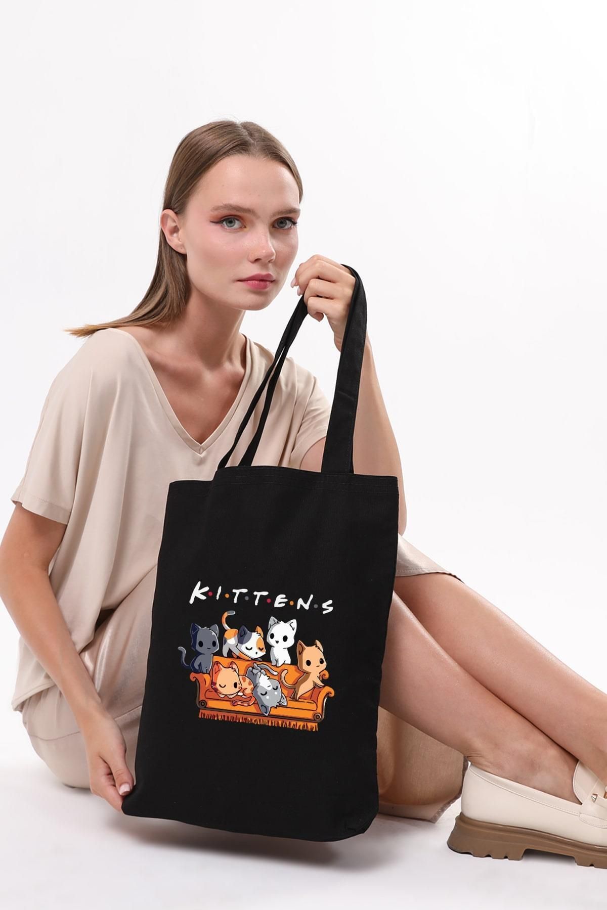 Çınar Bez Çanta-Kittens Printed Black Canvas Bag 3