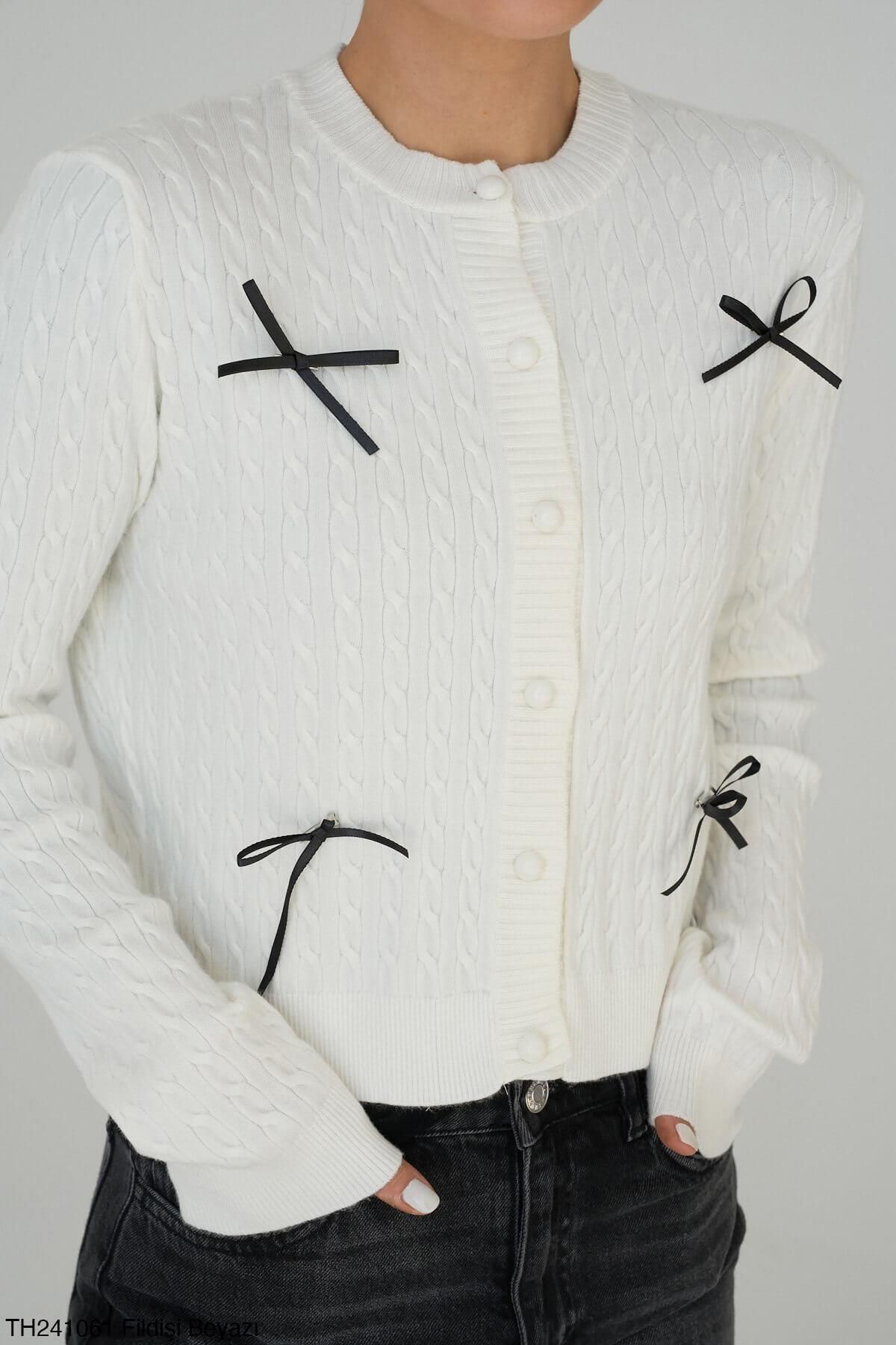 Coral-Hair Braided Ribbon Detailed Cardigan Bone 2