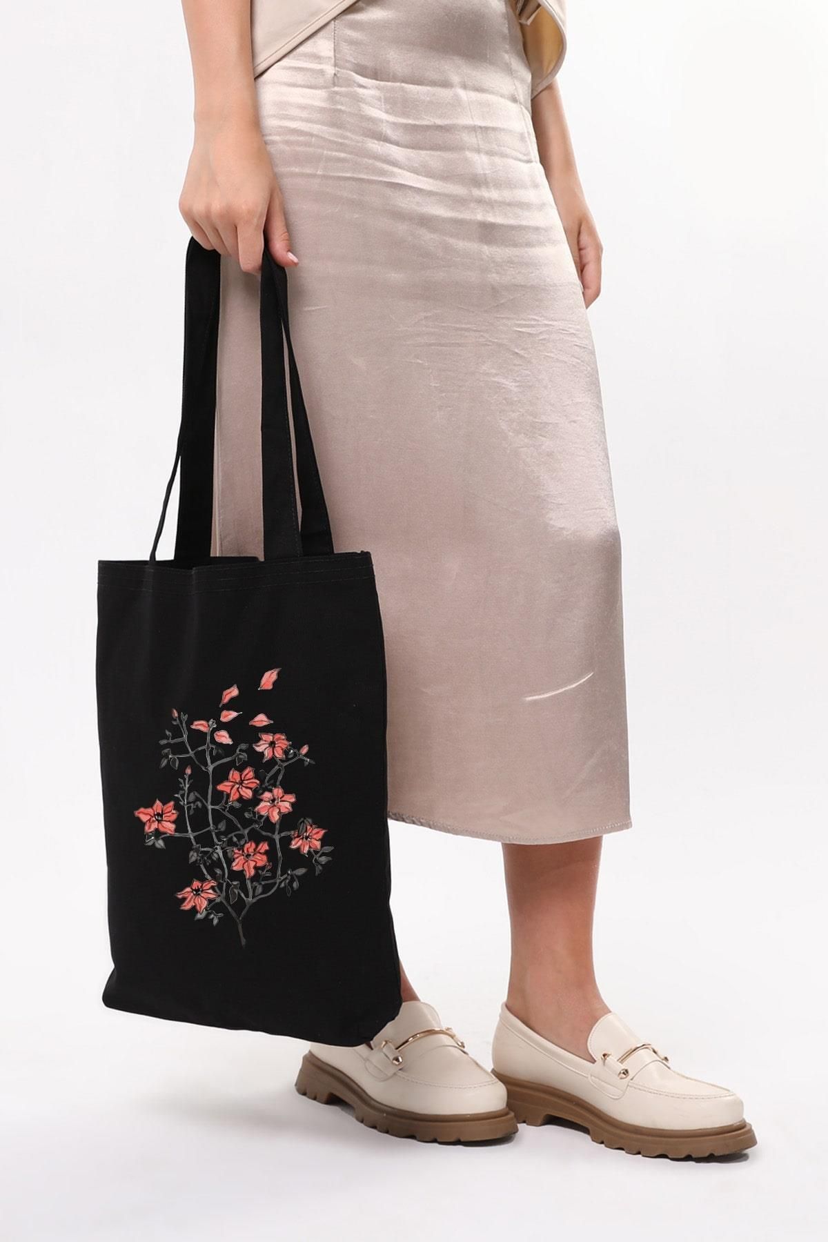 Çınar Bez Çanta-Black Canvas We Heart It Printed Bag 5