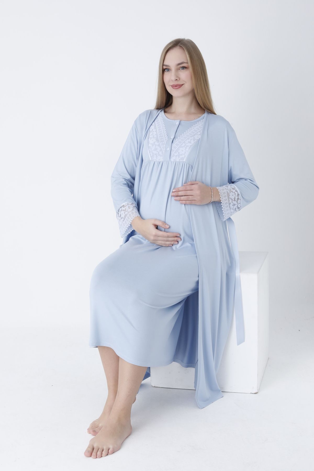 Miss Dünya Lissa-Lace Detailed Front Button Maternity and Maternity Nightgown Set with Dressing Gown 3