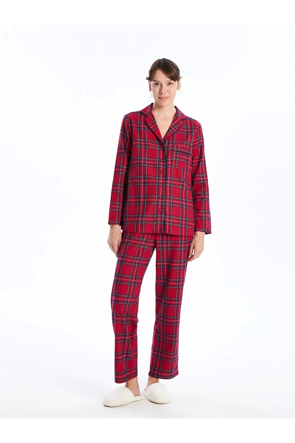 LC Waikiki-Lcw Dream Red Shirt Collar Plaid Women's Pajamas Set 2