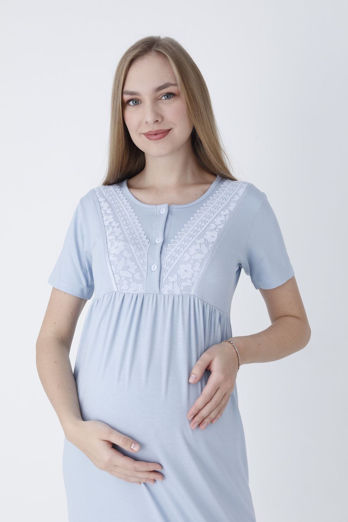 Miss Dünya Lissa-Lace Detailed Front Button Maternity and Maternity Nightgown Set with Dressing Gown 7