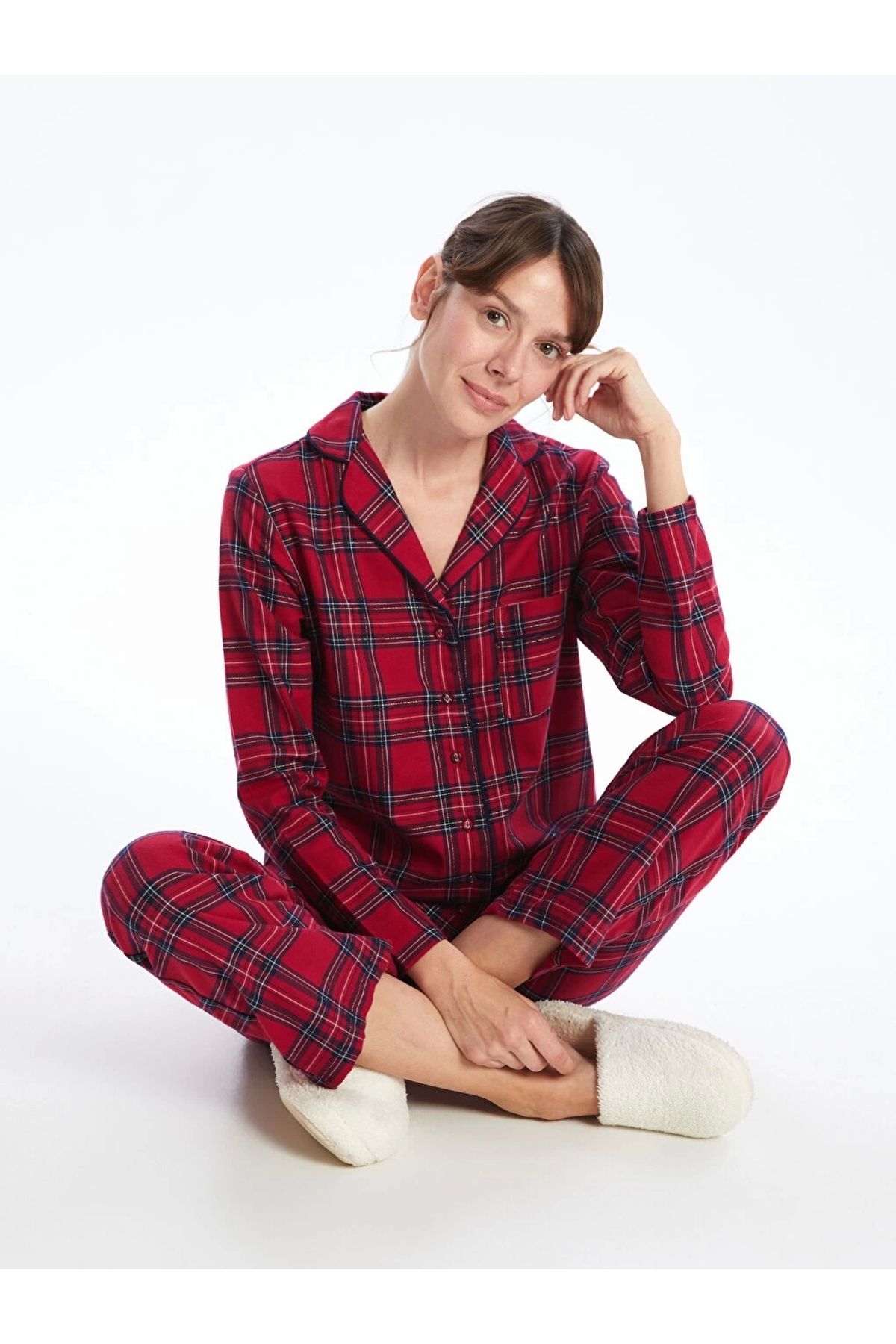 LC Waikiki-Lcw Dream Red Shirt Collar Plaid Women's Pajamas Set 1