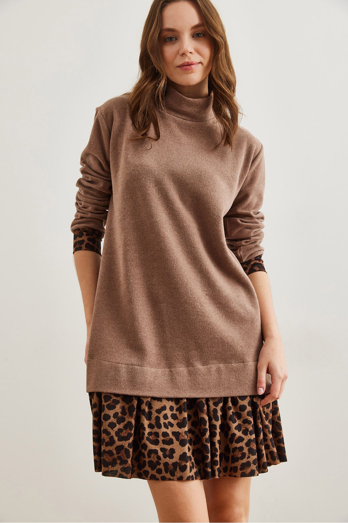 Kadın Camel Leopar Garnili Selanik Elbise ELB-19000965