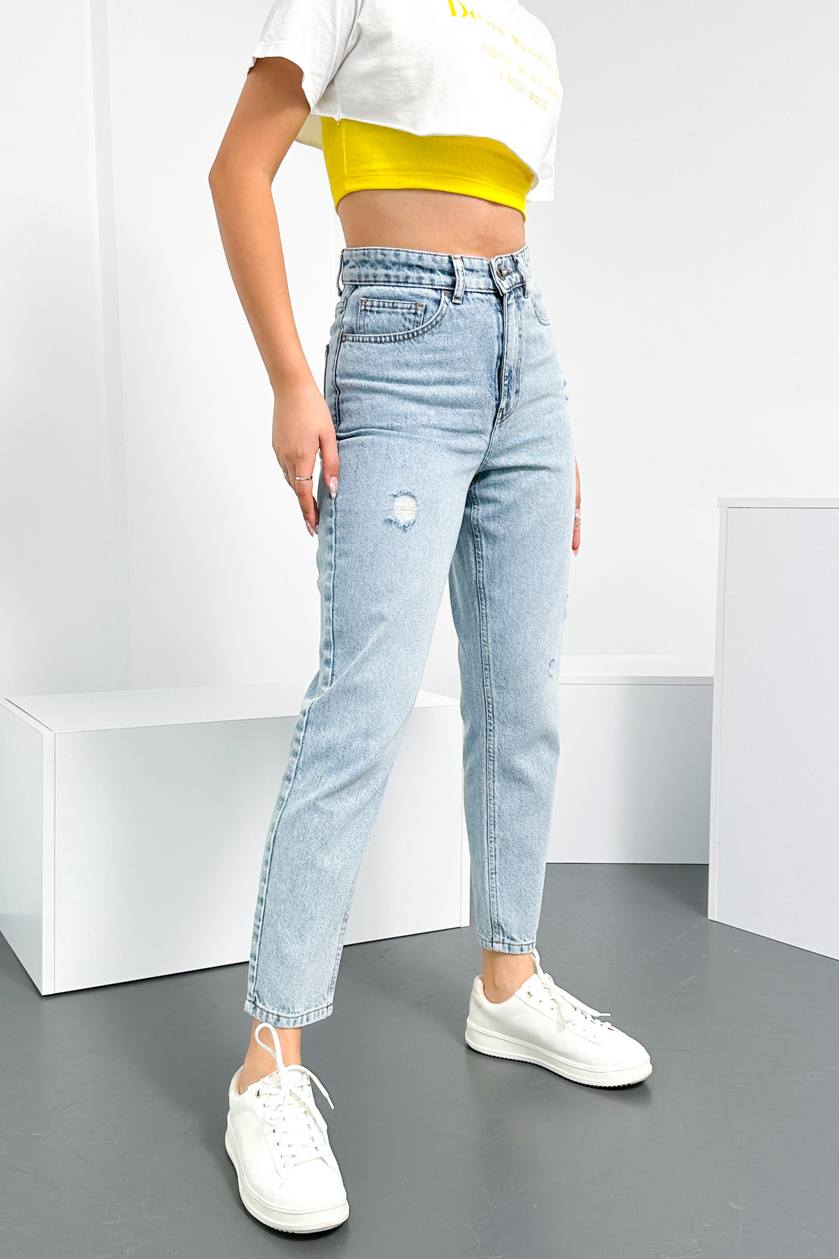 HLT JEANS  Yıpratmalı Mavi Kar Kadın Mom Jean Yüksek Bel Likrasız %100 Pamuk Kot Pantolon ANNA-2075 - Görsel 3