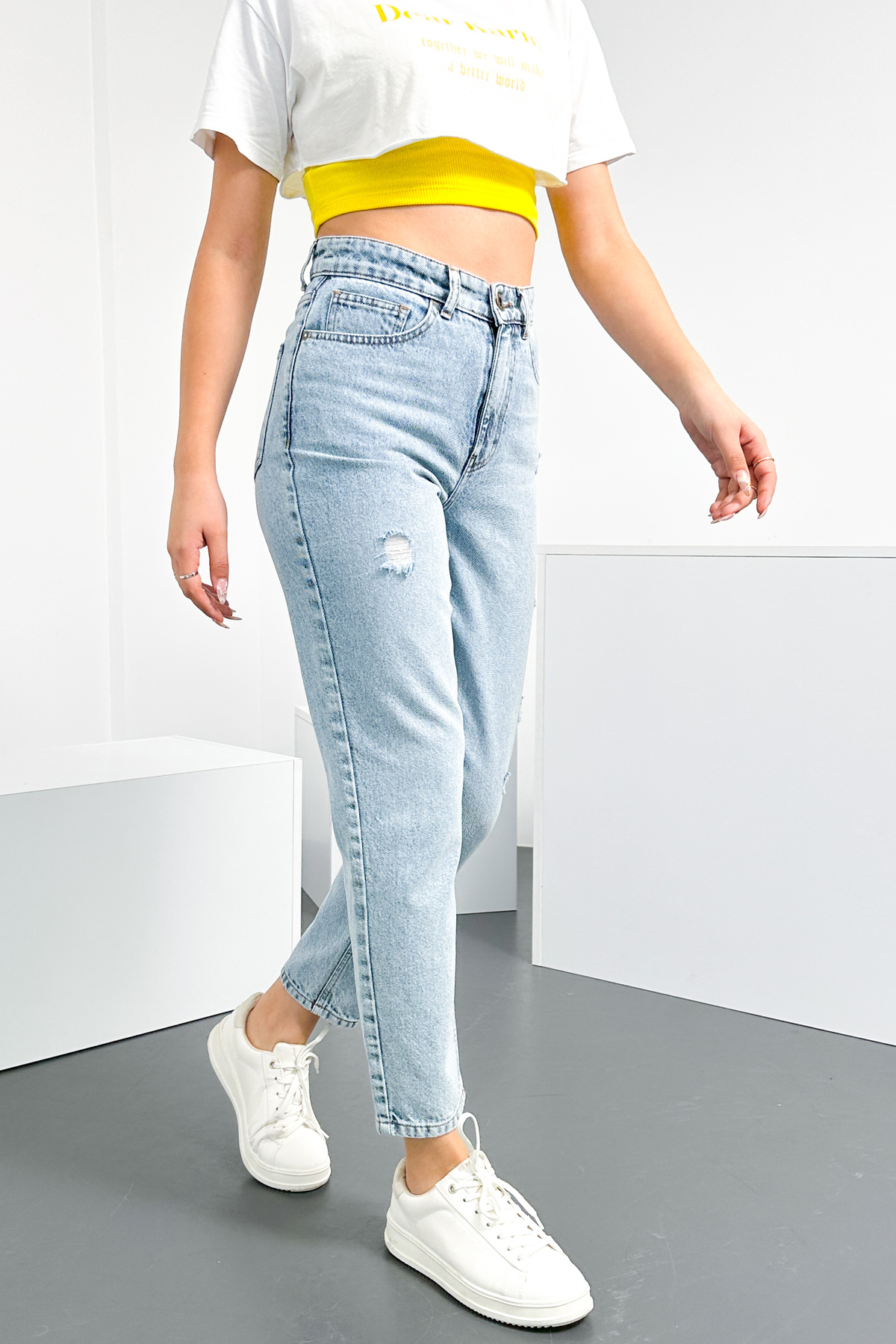 HLT JEANS  Yıpratmalı Mavi Kar Kadın Mom Jean Yüksek Bel Likrasız %100 Pamuk Kot Pantolon ANNA-2075 - Görsel 5