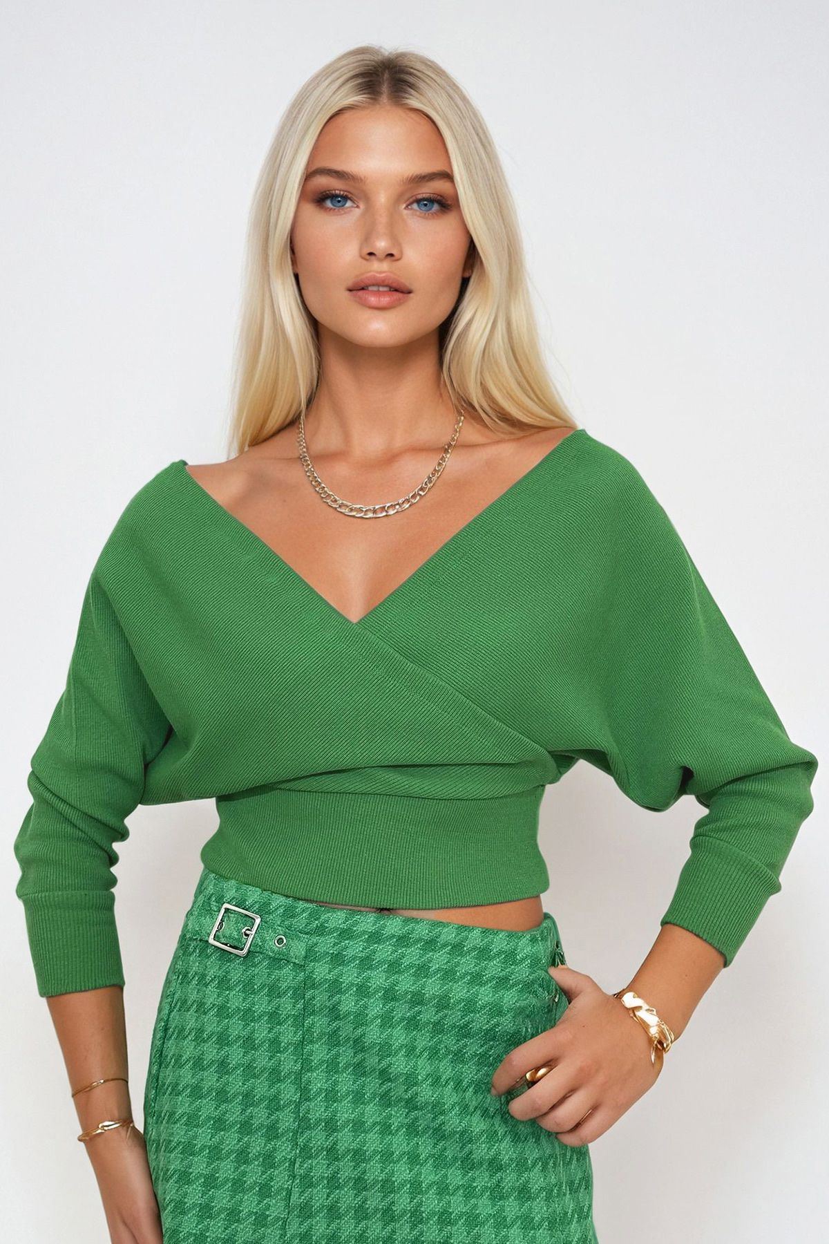 Trend Alaçatı Stili-Bluză pentru femei, verde, față, spate, cu decolteu în V, cu piept dublu ALC-019-053-BLZ 3