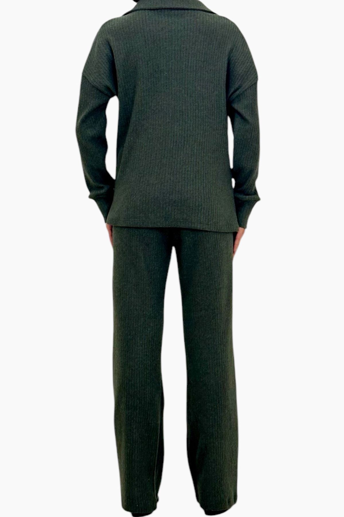 Trend Alaçatı Stili-Khakifarbenes Damen-Set aus Polokragen-Oberteil und Palazzon-Hose – ALC-796-001 4