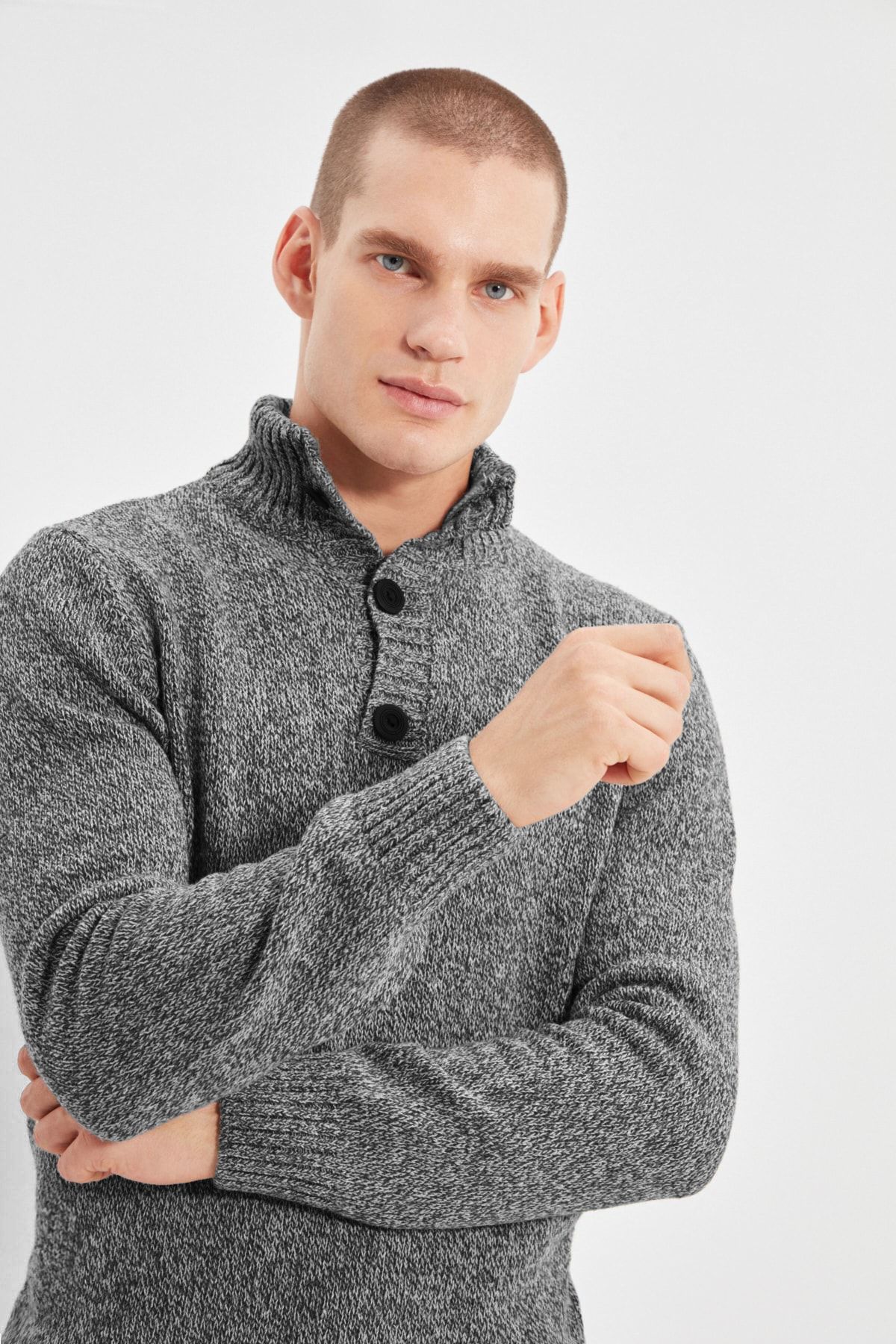 Trendyol Collection-Anthracite Casual Slim Fit Wool Half Fisherman Button Knitwear Sweater Tmnaw21Kz0394 2