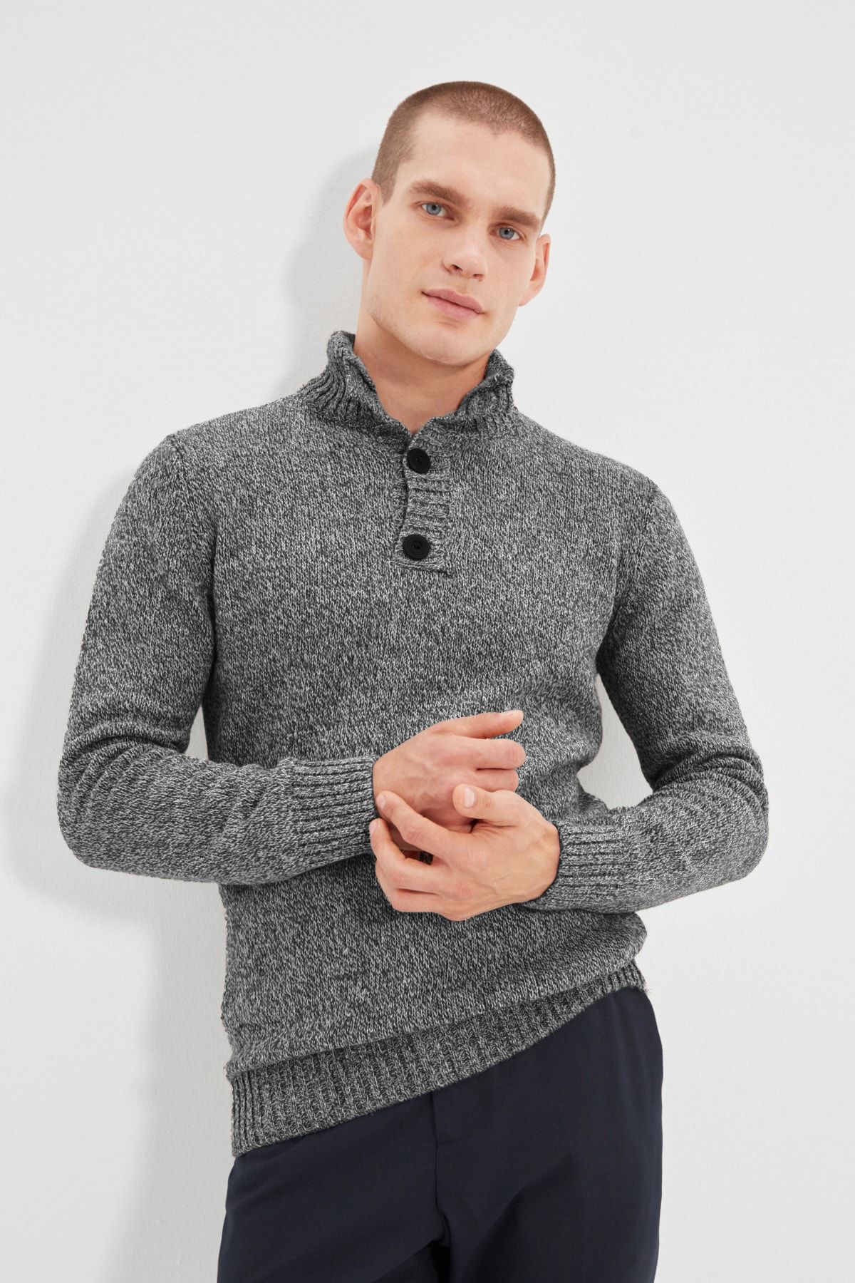 Trendyol Collection-Anthracite Casual Slim Fit Wool Half Fisherman Button Knitwear Sweater Tmnaw21Kz0394 4