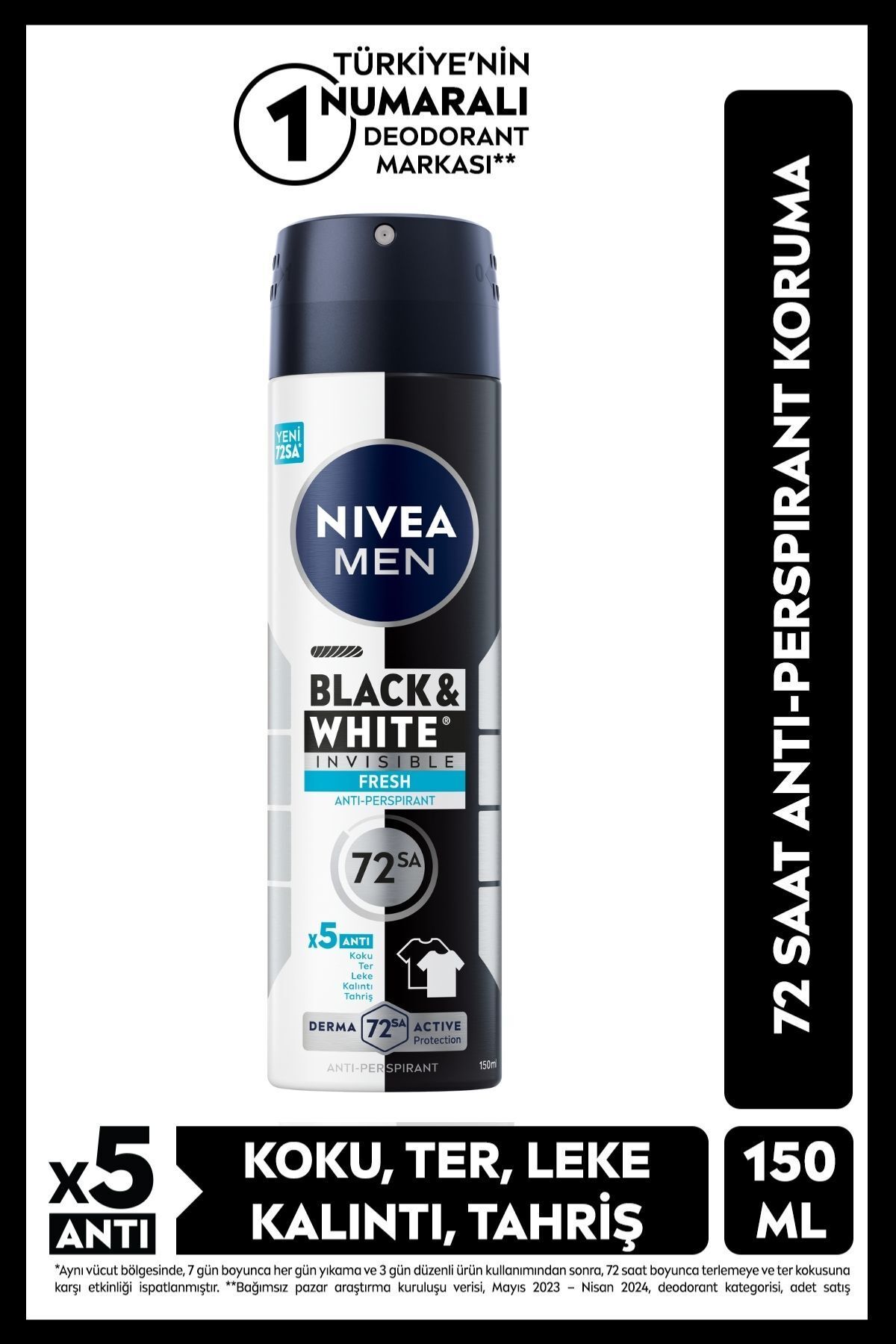 اسپری مردانه دئودورانت سیاه و سفید Invisible Fresh 150 میلی لیتری 72 ساعته ضد تعریق محافظت از تعریق NIVEA