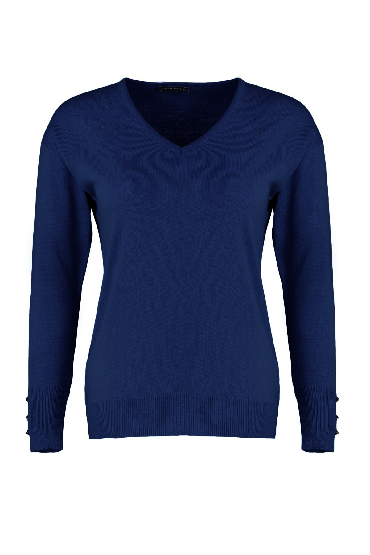 Trendyol Curve Marineblauer Strickpullover mit V-Ausschnitt und Knopfleiste TBBAW23AN00043