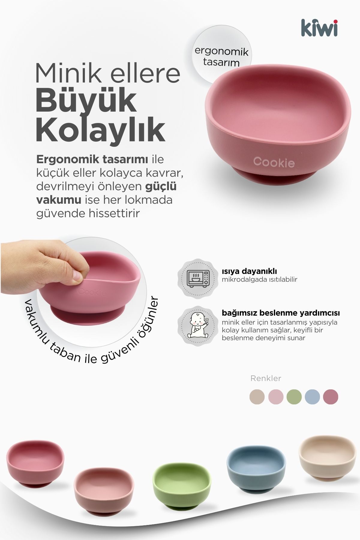 Kiwi 3 parça Kase Çatal Kaşık Beslenme Seti - Doğal Silikon BPA içermez- Olive fotoğrafı 2 (önizleme)