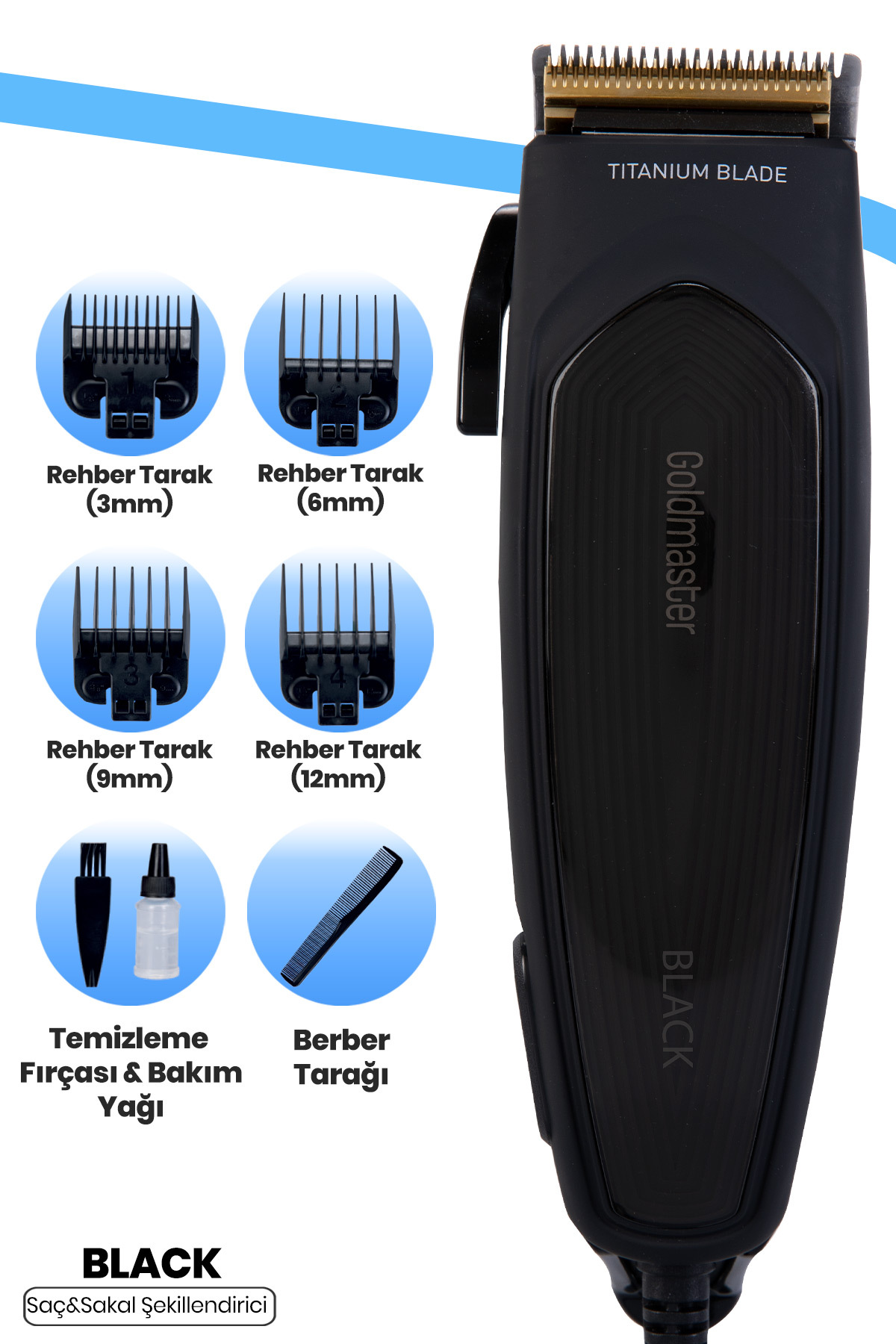 GOLDMASTER Black Kablolu Titanyum Çelik Bıçaklı Sessiz Ayarlanabilir Kesme Başlıklı Saç Ve Sakal Kesme Makinesi