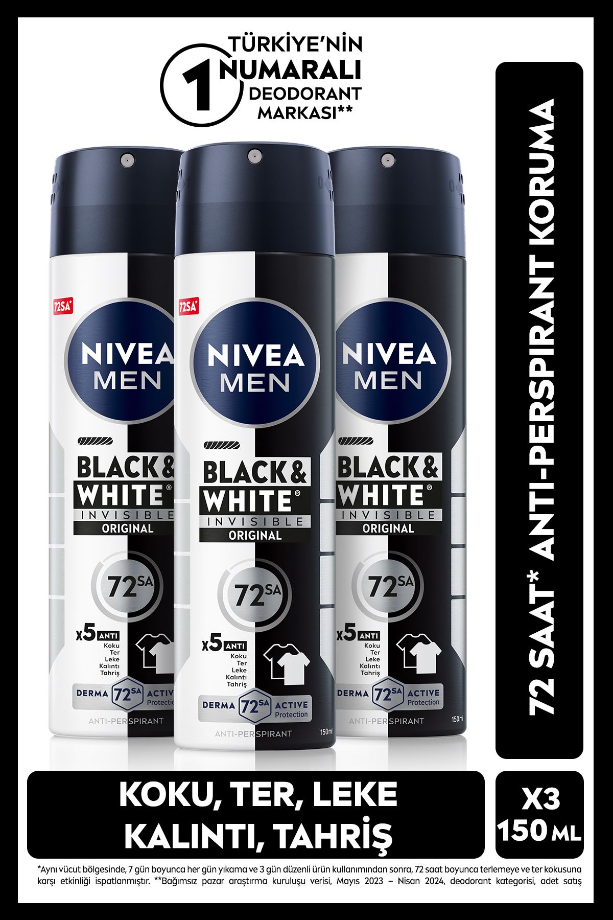 اسپری مردانه دئودورانت سیاه و سفید Invisible اصل 150 میلی لیتری، ضد تعریق 72 ساعته، X3 عدد NIVEA