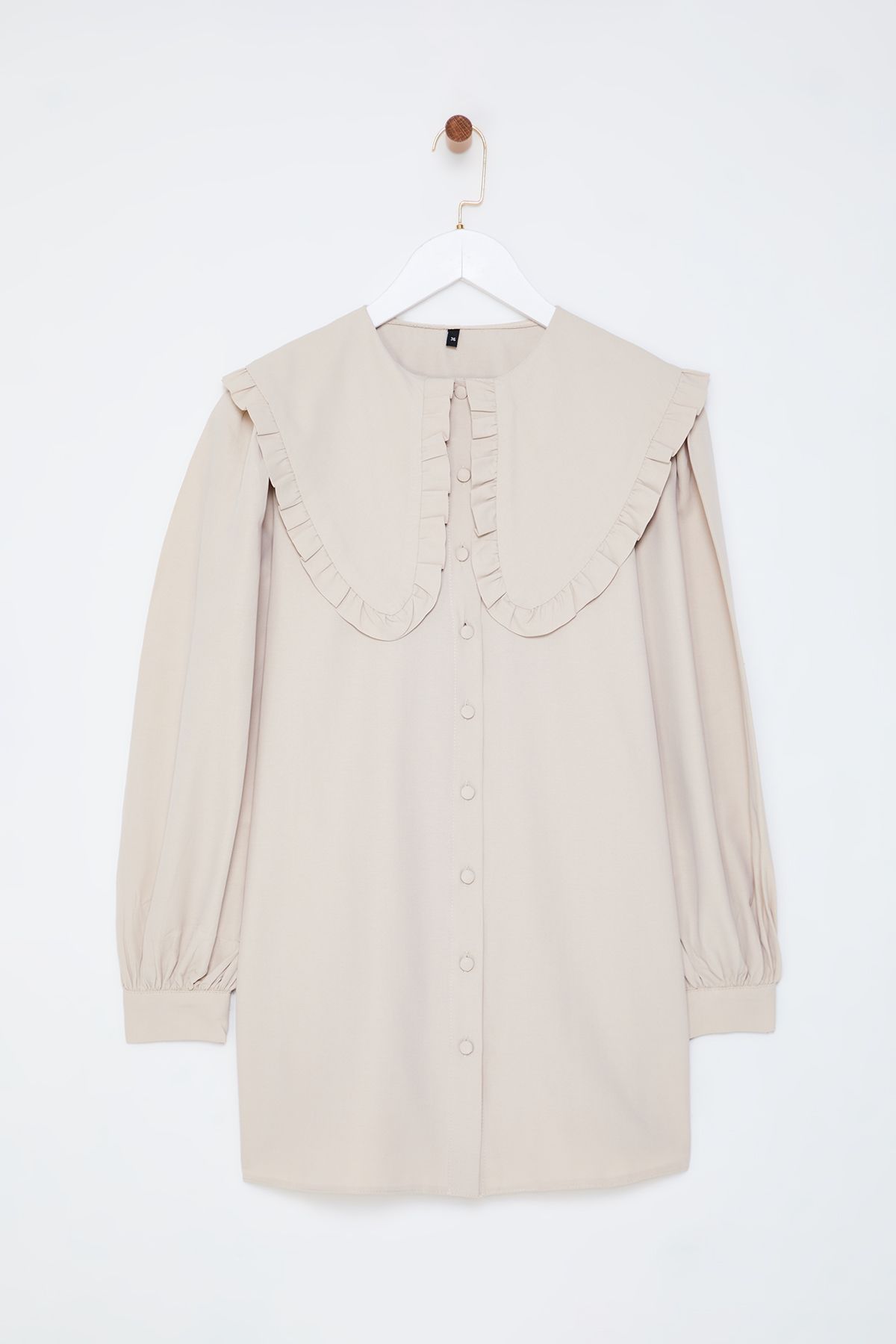 Trendyol Modest-Beigefarbenes, gewebtes Baumwollhemd mit Babykragen TCTSS24TG00027 3