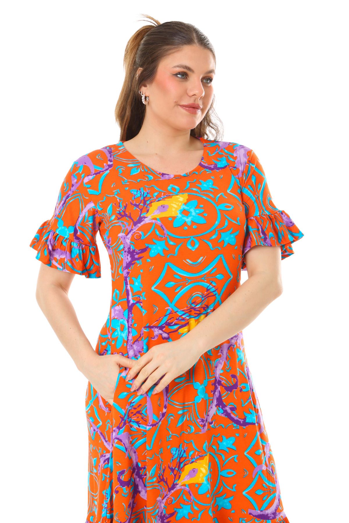 MELSAY-Fustă cu mânecă scurtă de damă cu model retro portocaliu rochie marime mari 6