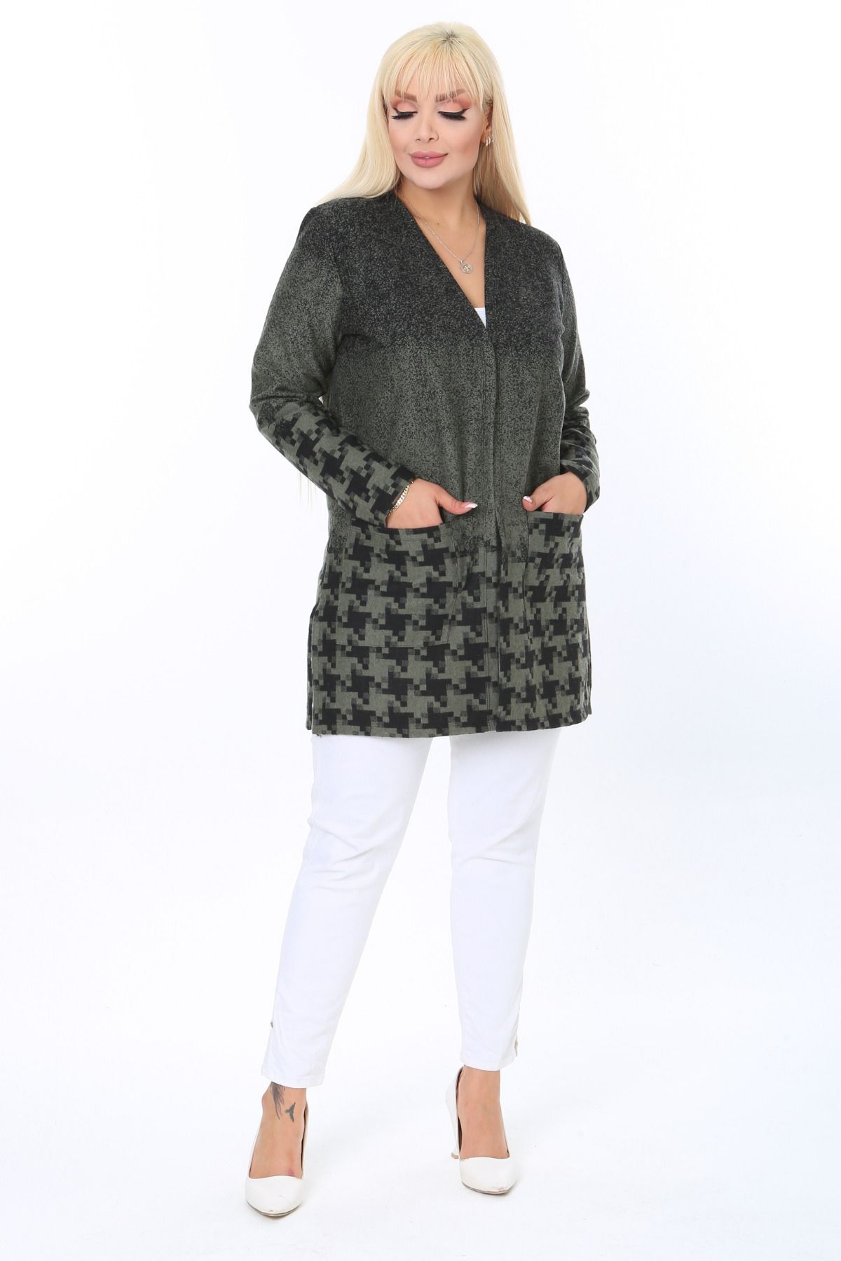 HERAXL-Women's Khaki Houndstooth Pattern Short Cardigan 5