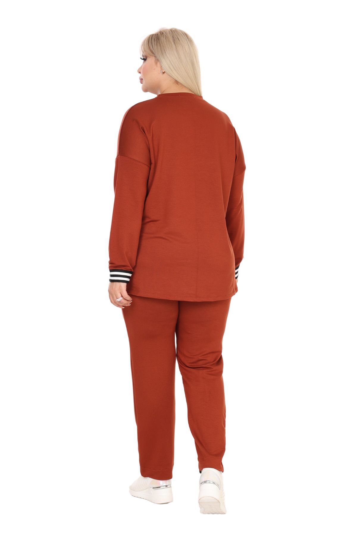 MELSAY-Women's Cinnamon Plus Size Crew Neck Stripe Detailed Long Sleeve Elastic Waist Tracksuit Set 6