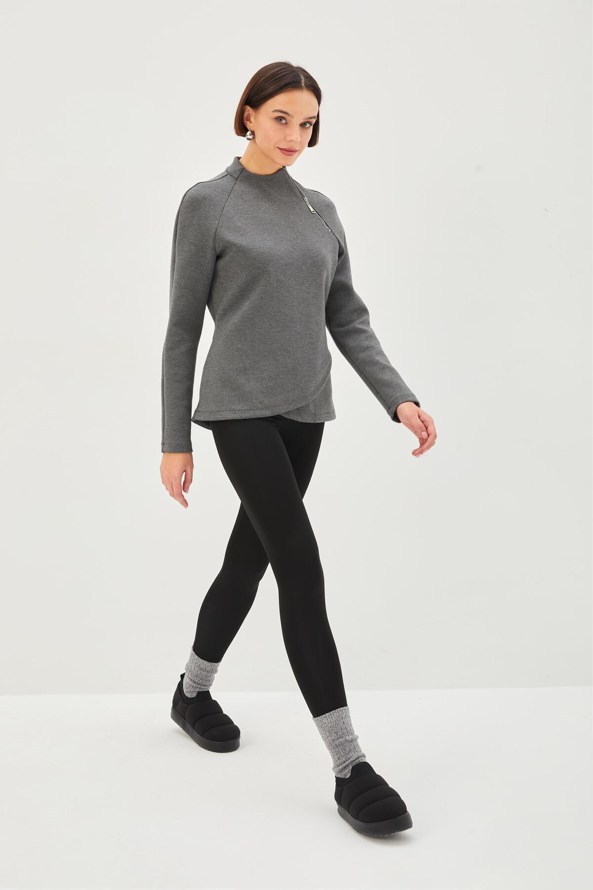 Allyco Scuba Kumaş Dik Yaka Fermuar Detaylı Antrasit Rahat Kalıp Örme Sweatshirt görsel 4