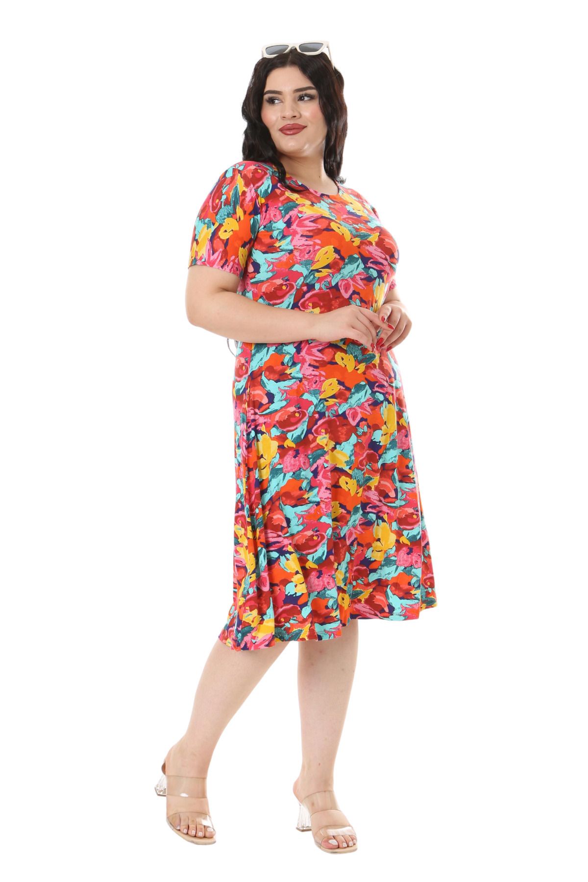 MELSAY-Model de trandafiri galbeni - Rochie Midi Plus de dama cu maneca scurta 5