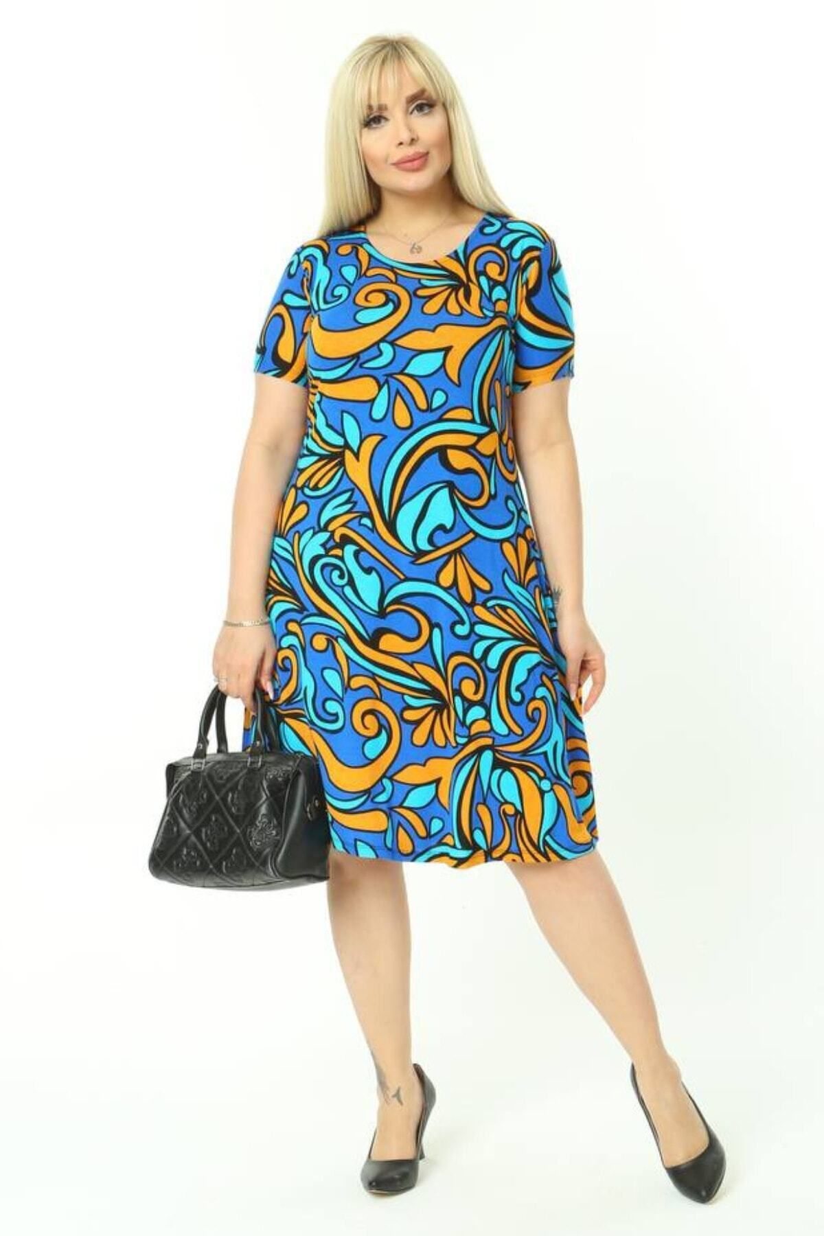 MELSAY-Women's Turquoise Plus Size Short Sleeve Tropical Pattern Knitted Midi Dress 2