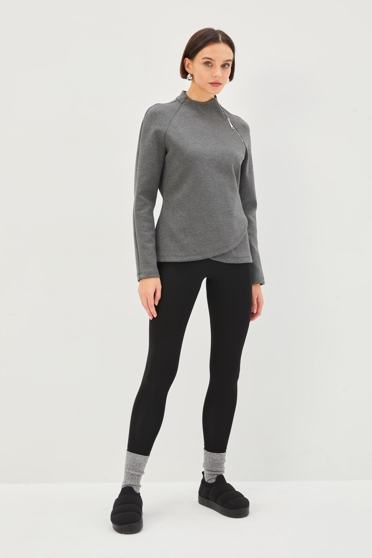 Allyco Scuba Kumaş Dik Yaka Fermuar Detaylı Antrasit Rahat Kalıp Örme Sweatshirt görsel 2