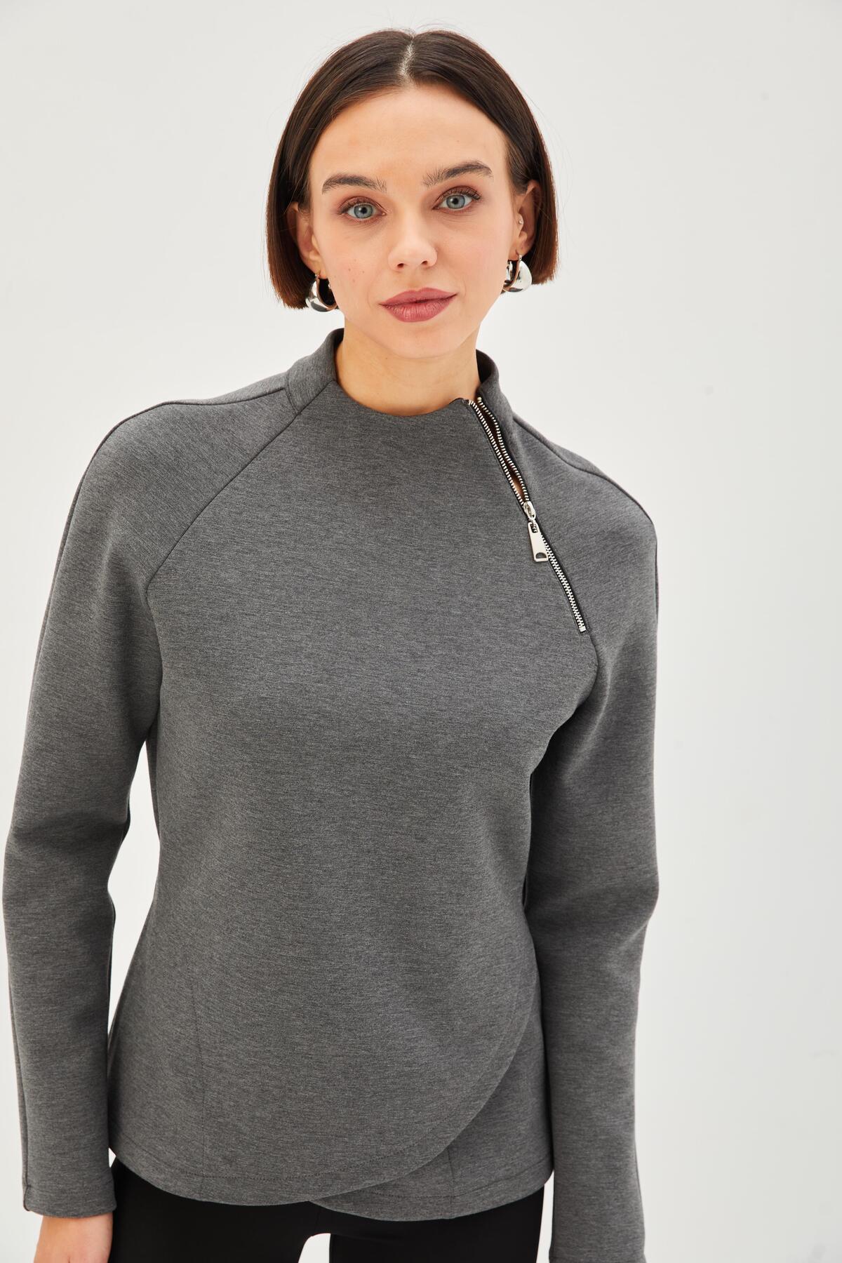 Allyco Scuba Kumaş Dik Yaka Fermuar Detaylı Antrasit Rahat Kalıp Örme Sweatshirt görsel 5